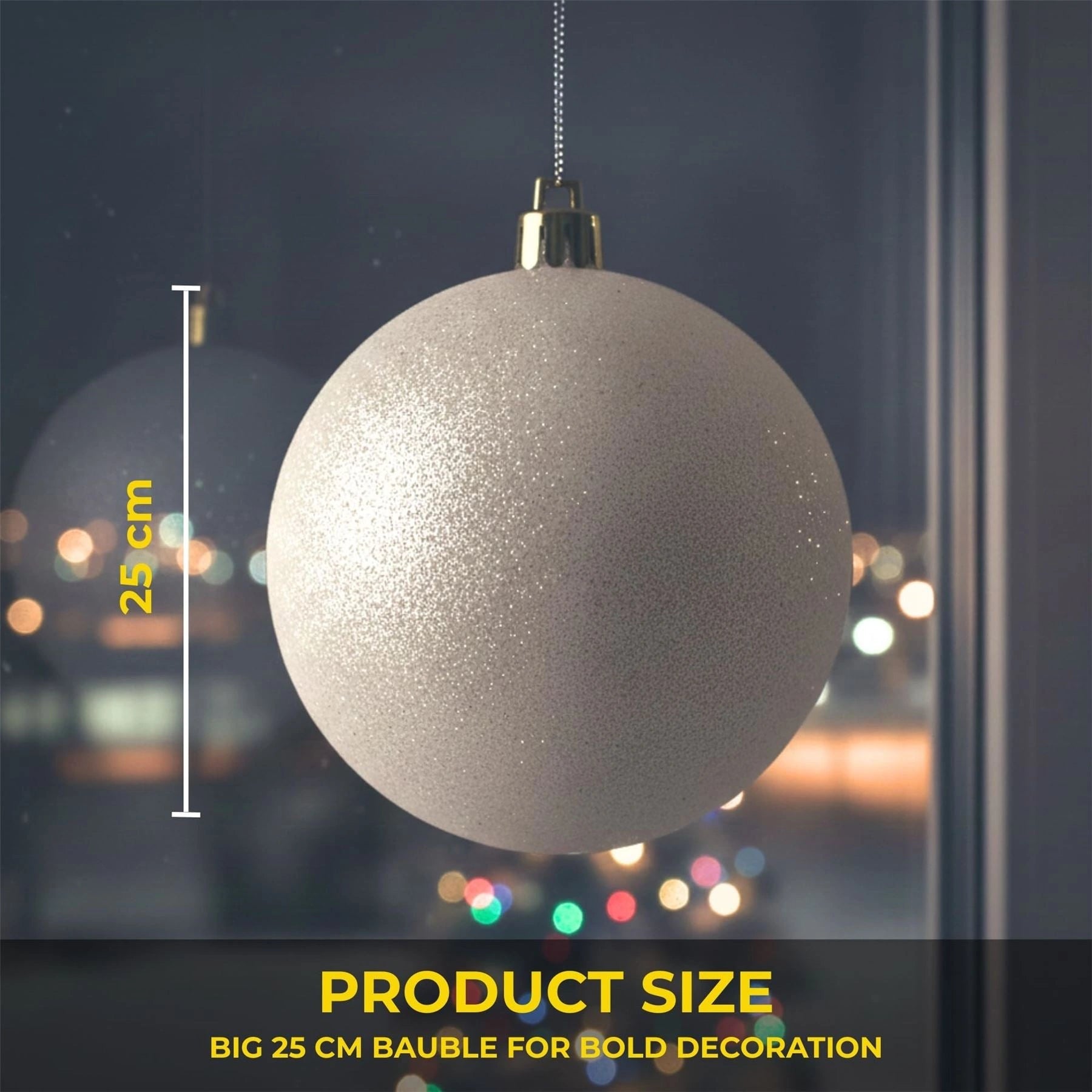 25cm White Christmas Bauble – Glitter Finish, Shatterproof