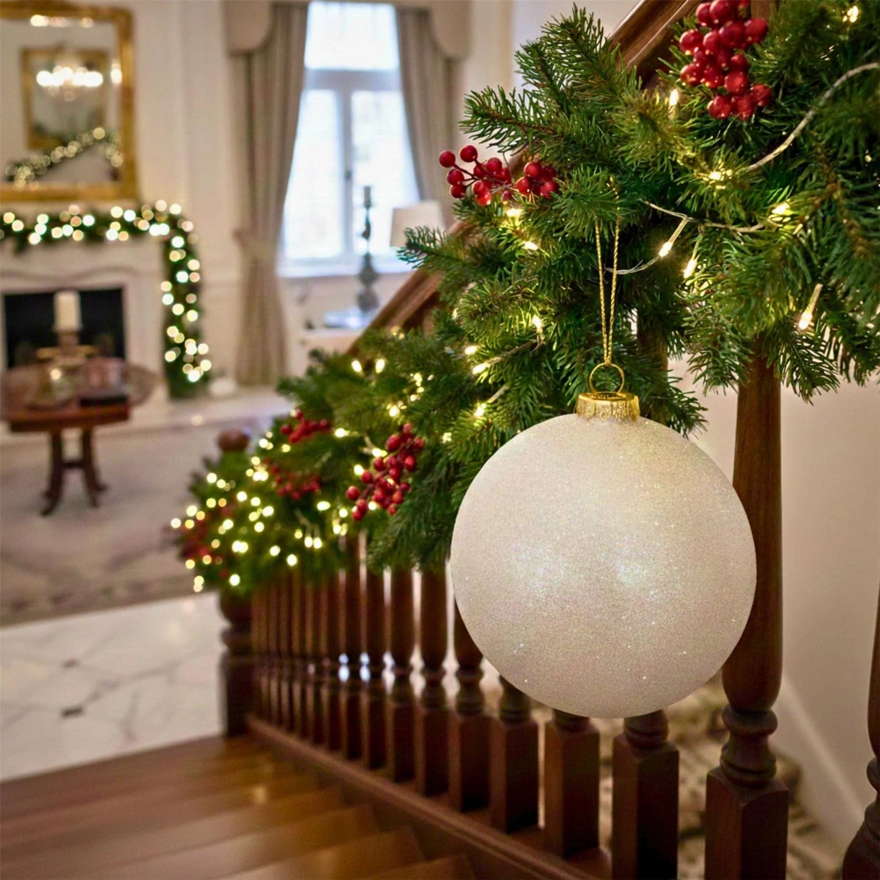 25cm White Christmas Bauble – Glitter Finish, Shatterproof