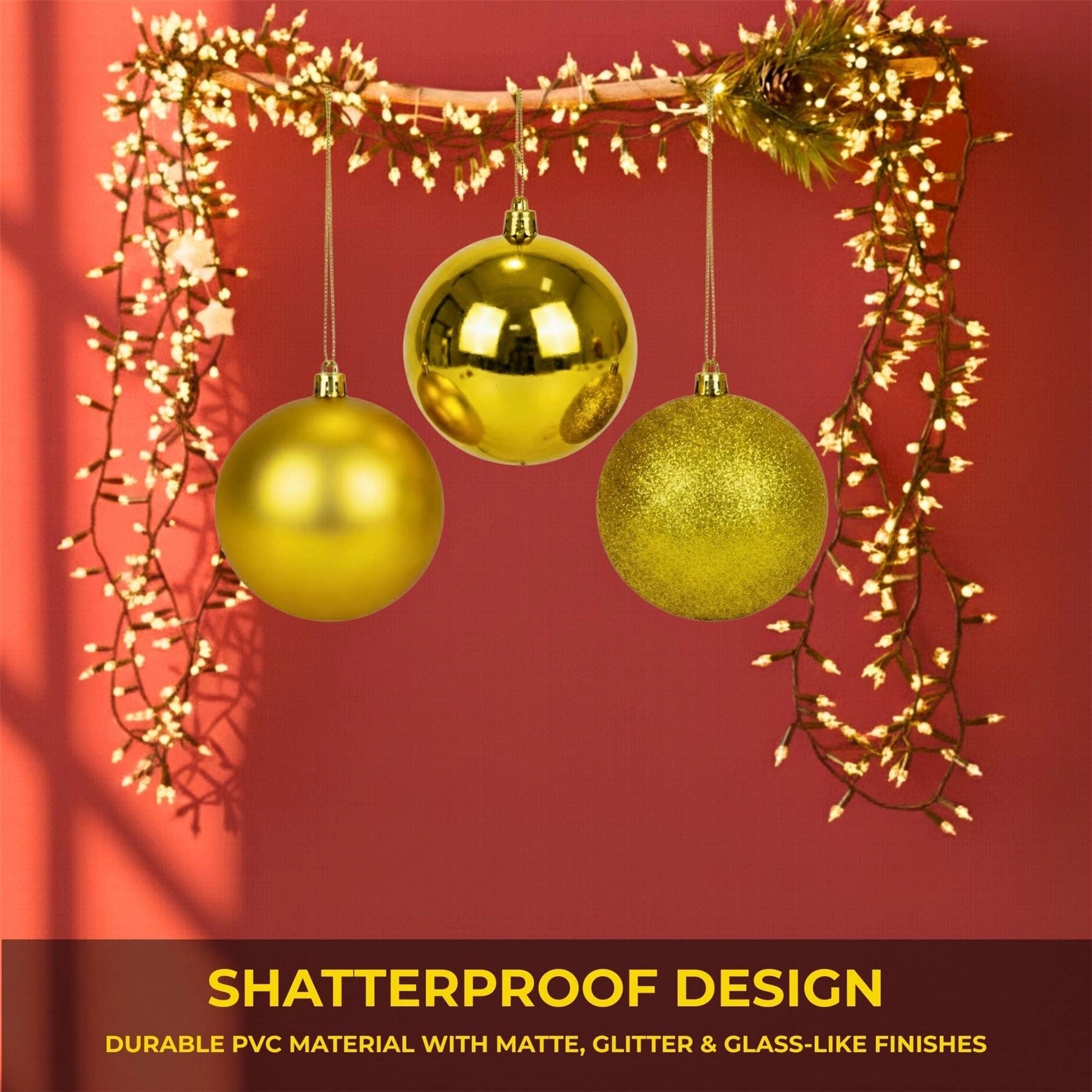 25cm Deep Gold Christmas Baubles – Assorted 3-Pack (Matt & Glitter, Shatterproof)