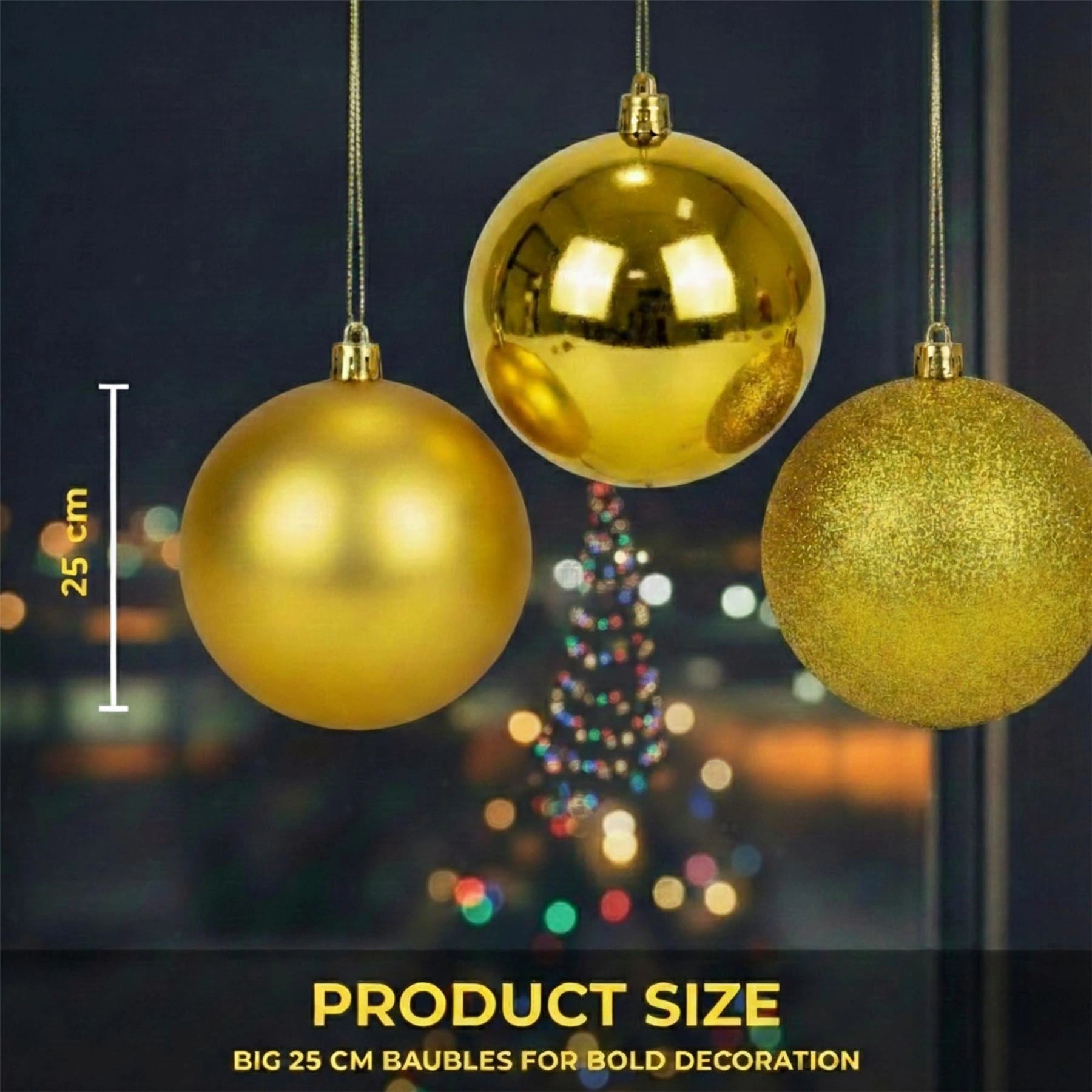 25cm Deep Gold Christmas Baubles – Assorted 3-Pack (Matt & Glitter, Shatterproof)