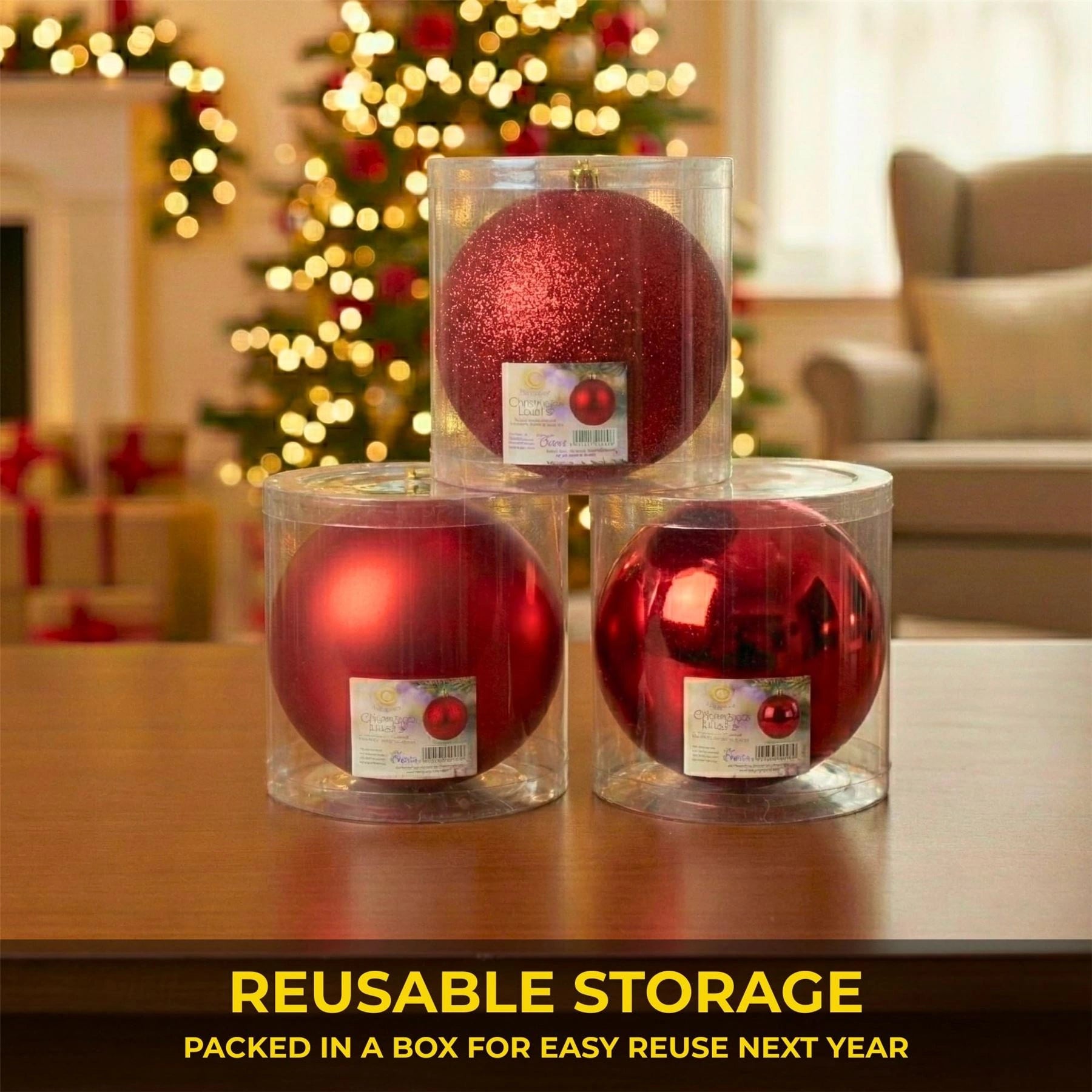 25cm Red Christmas Baubles – Assorted 3-Pack (Matte & Glitter, Shatterproof)