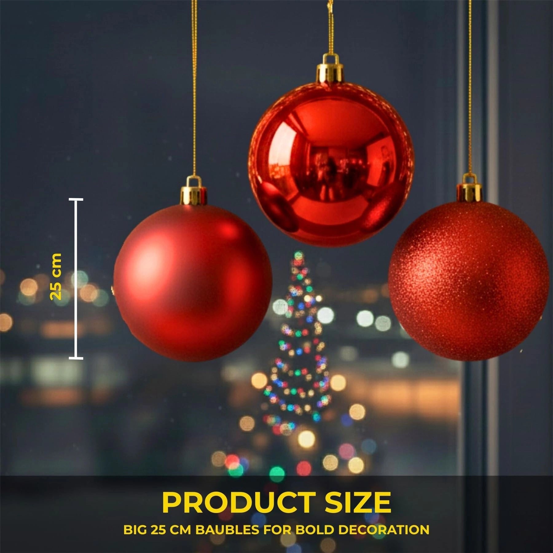 25cm Red Christmas Baubles – Assorted 3-Pack (Matte & Glitter, Shatterproof)