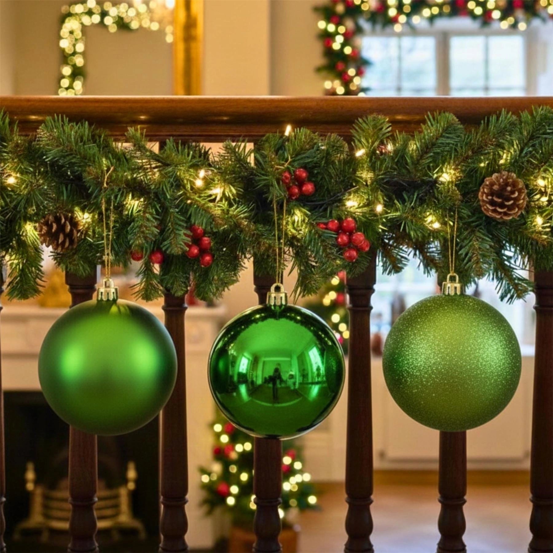 25cm Dark Green Christmas Baubles – Assorted 3-Pack (Matte & Glitter, Shatterproof)