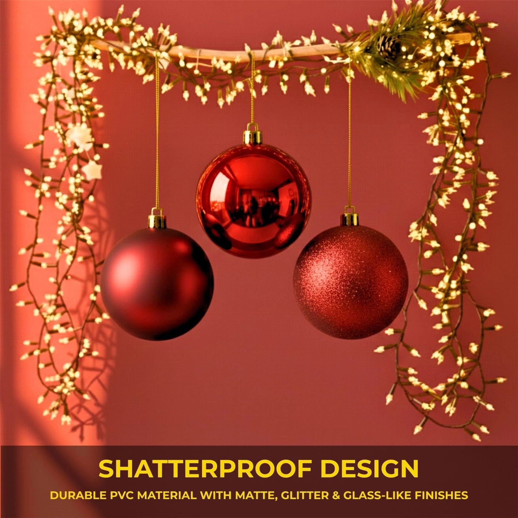25cm Dark Red Christmas Baubles – Assorted 3-Pack (Matte & Glitter, Shatterproof)