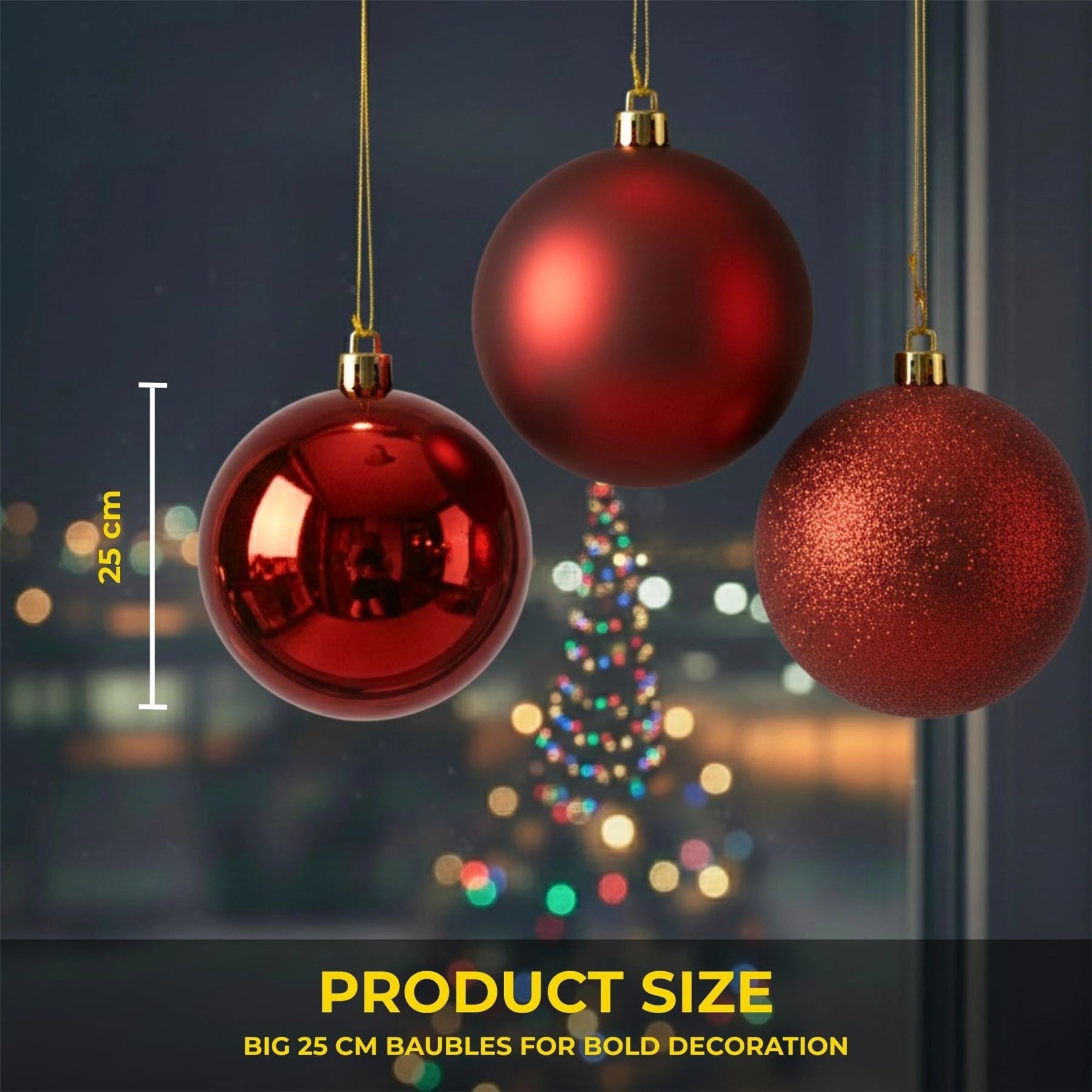 25cm Dark Red Christmas Baubles – Assorted 3-Pack (Matte & Glitter, Shatterproof)