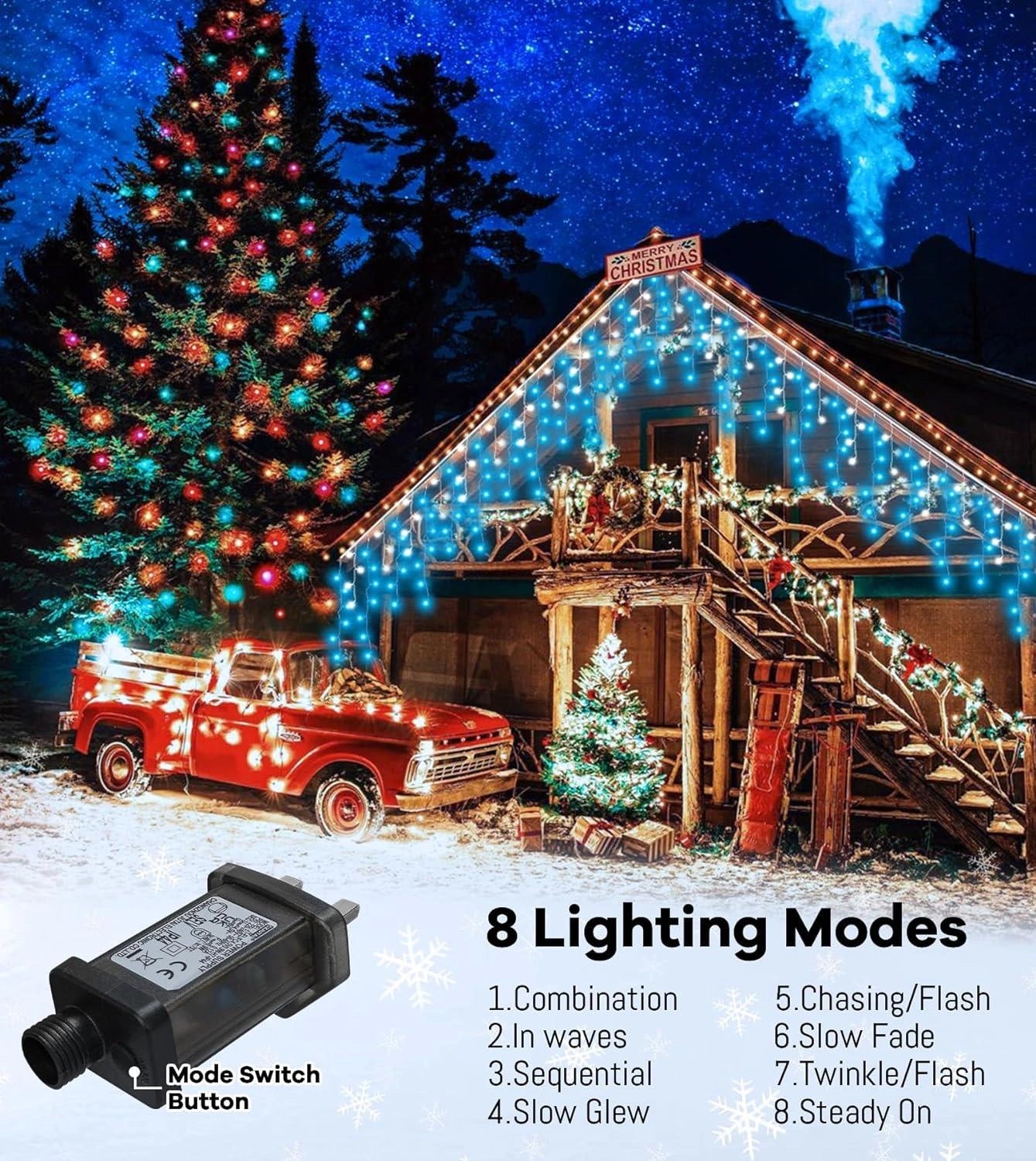 Christmas Icicle String Lights 1200 White Blue LED Decoration Connectable 25m