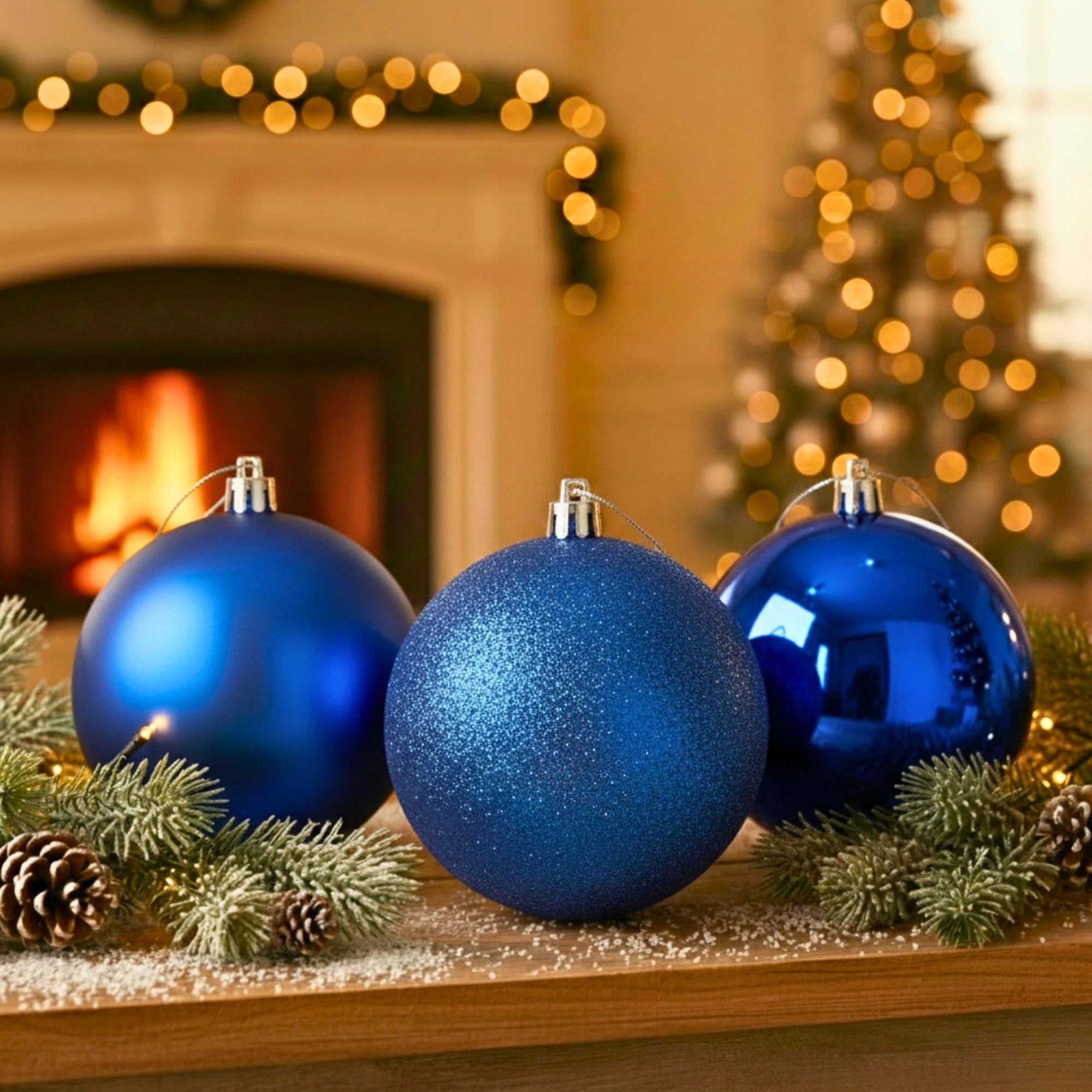 20cm Dark Blue Shatterproof Bauble Set – Matt, Gloss & Glitter (3 Pack)