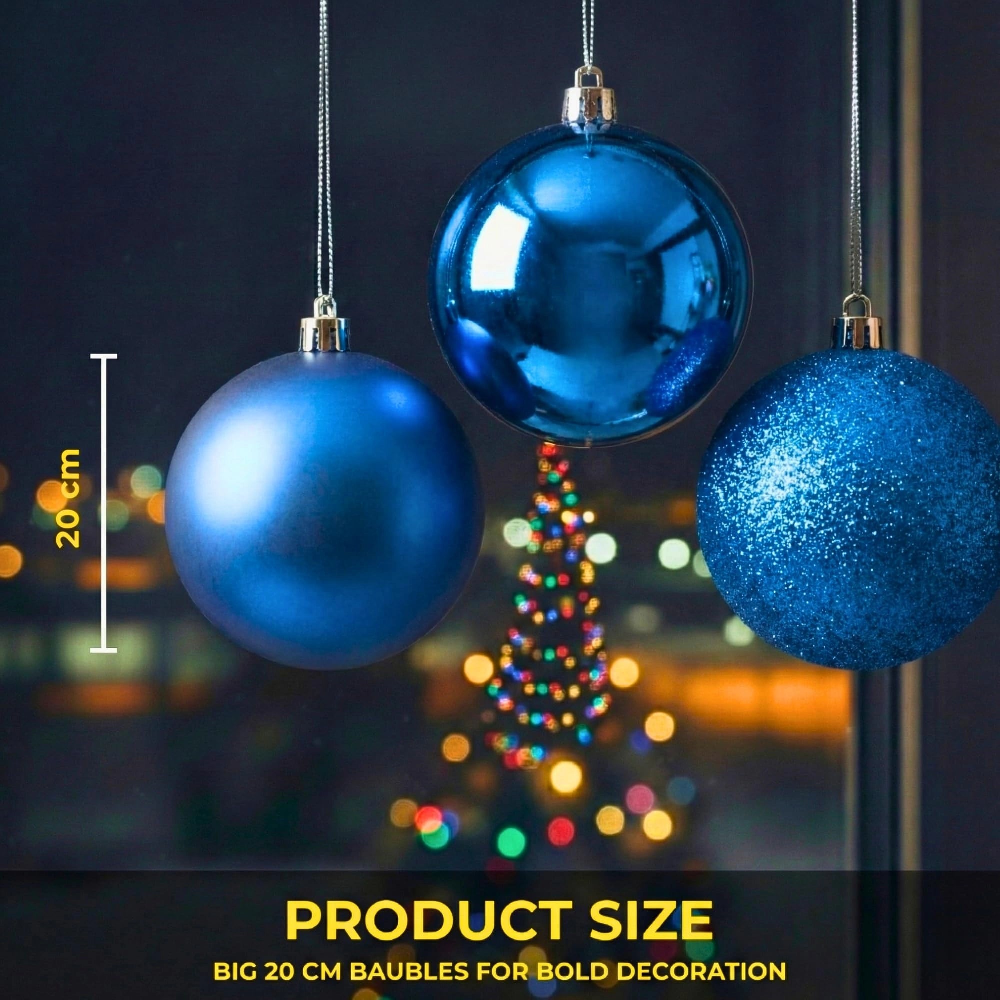 20cm Dark Blue Shatterproof Bauble Set – Matt, Gloss & Glitter (3 Pack)