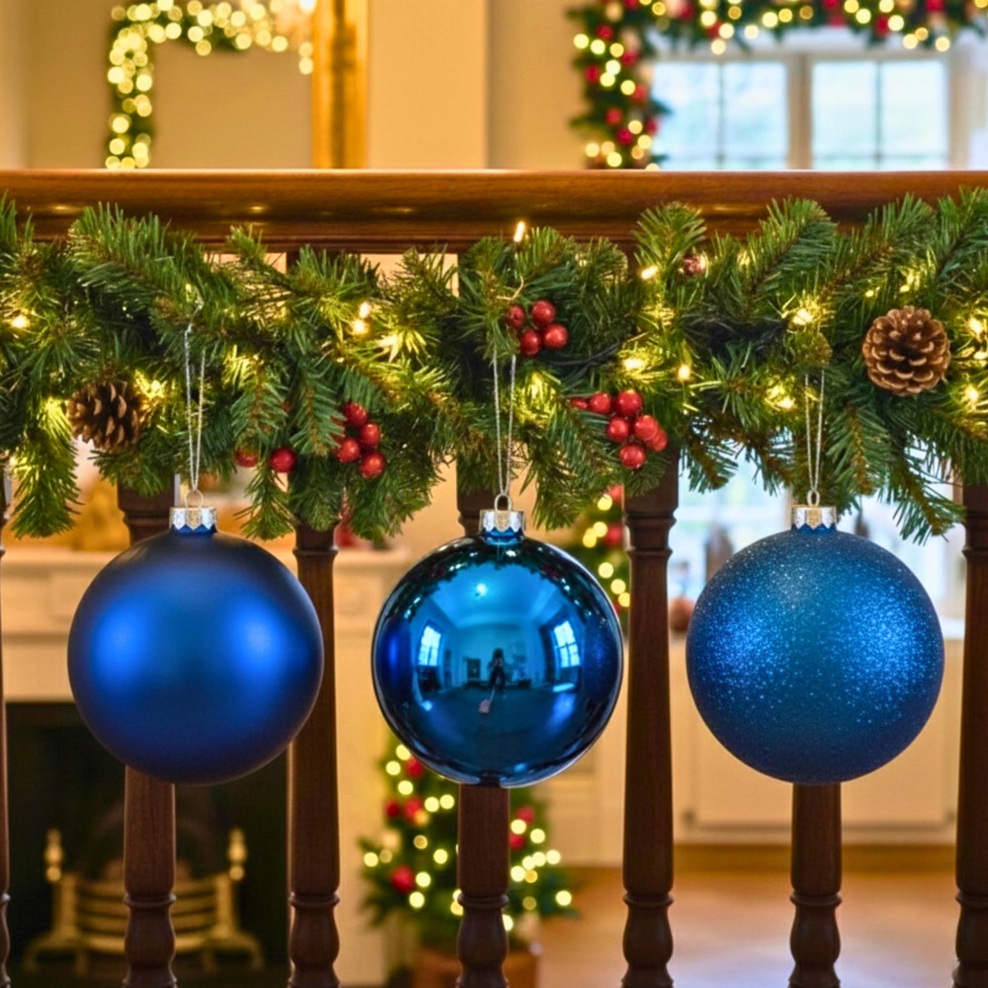 20cm Dark Blue Shatterproof Bauble Set – Matt, Gloss & Glitter (3 Pack)