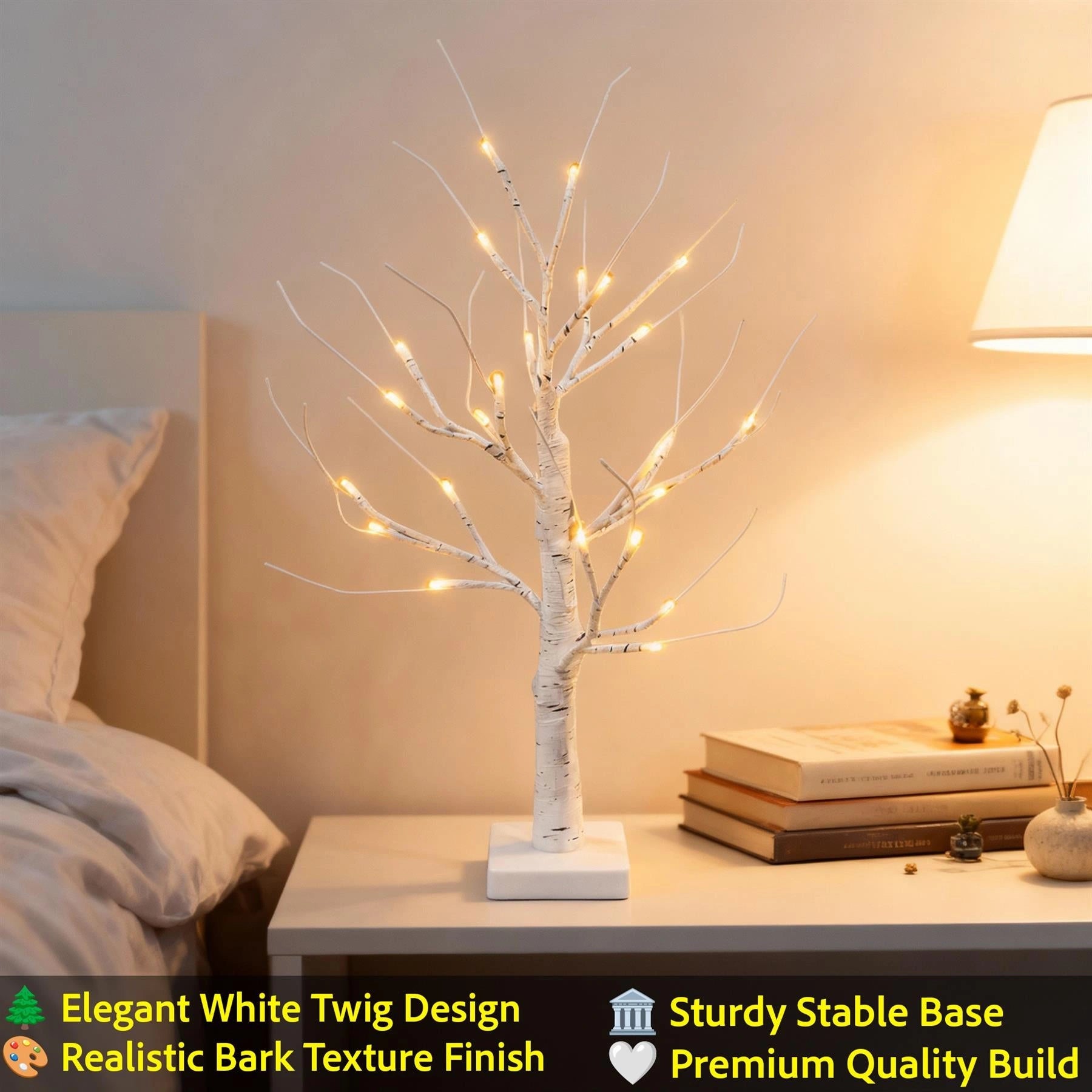 2pcs- 60cm White Twig Tree 24 Warm White LEDs USB or Battery Operated