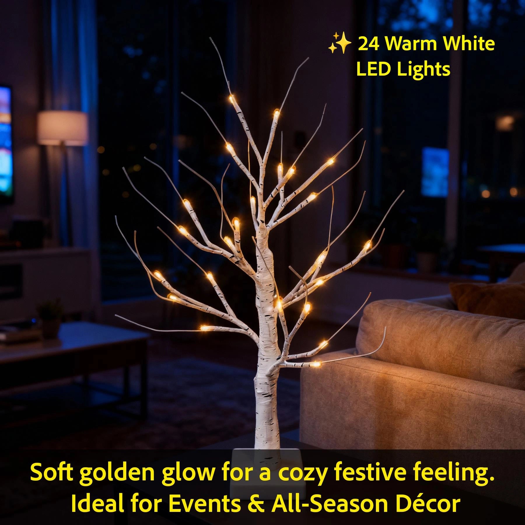 2pcs- 60cm White Twig Tree 24 Warm White LEDs USB or Battery Operated