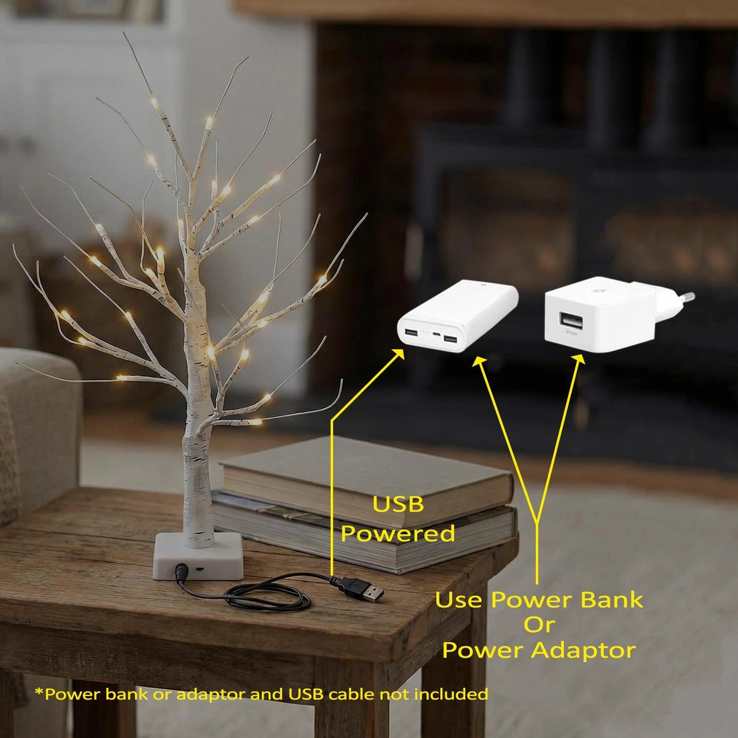 4pcs- 60cm White Twig Tree 24 Warm White LEDs USB or Battery Operated