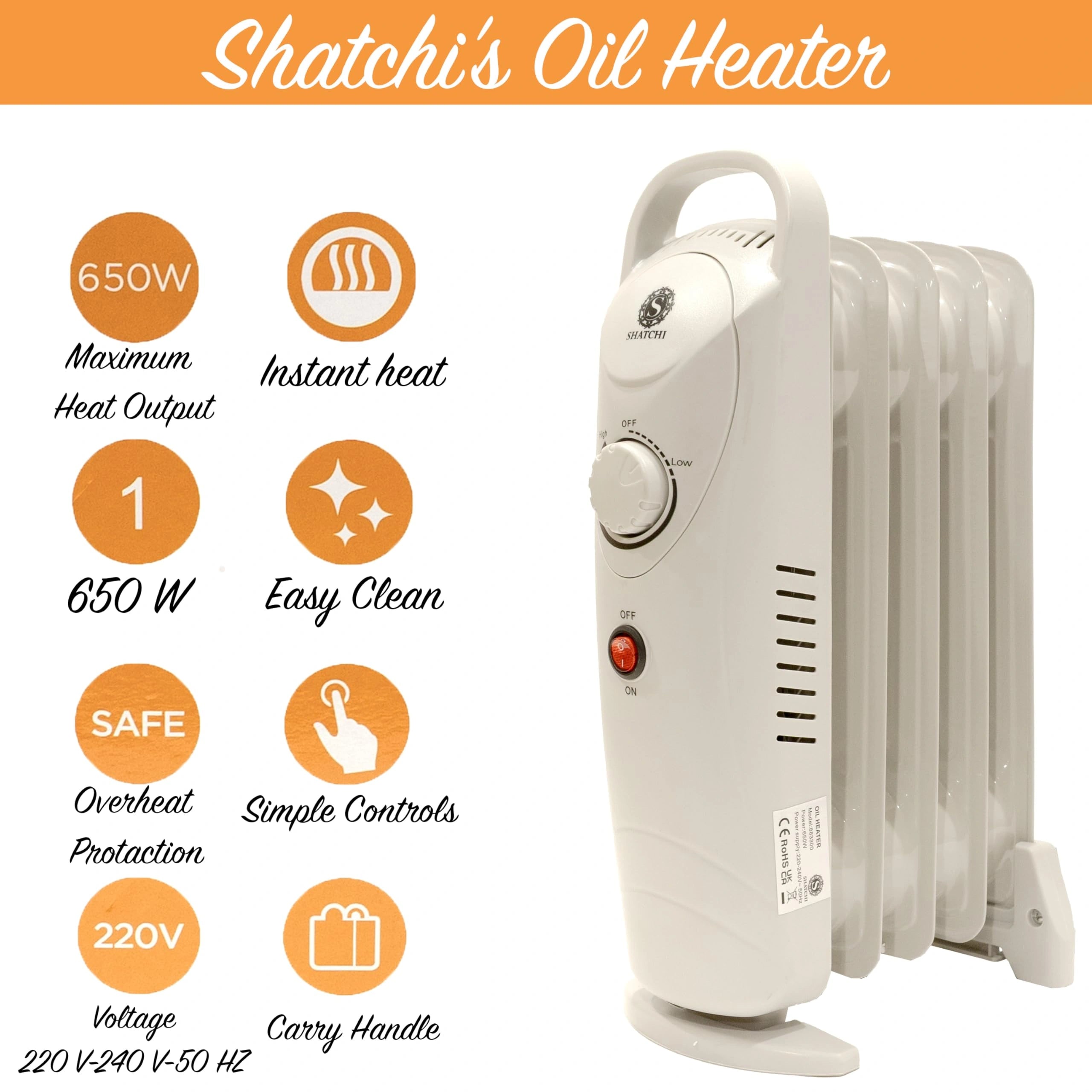650W 5-Fin Oil Filled Radiator Heater with Adjustable Thermostat