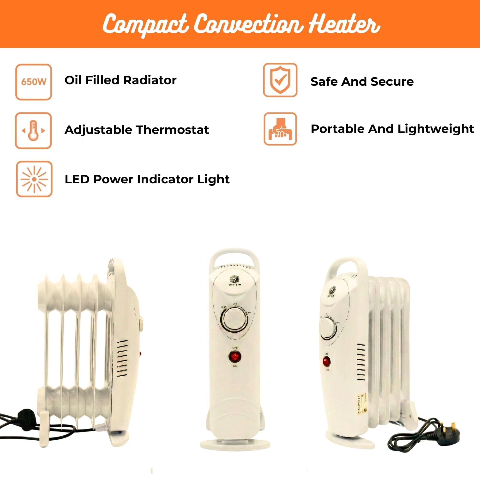 650W 5-Fin Oil Filled Radiator Heater with Adjustable Thermostat