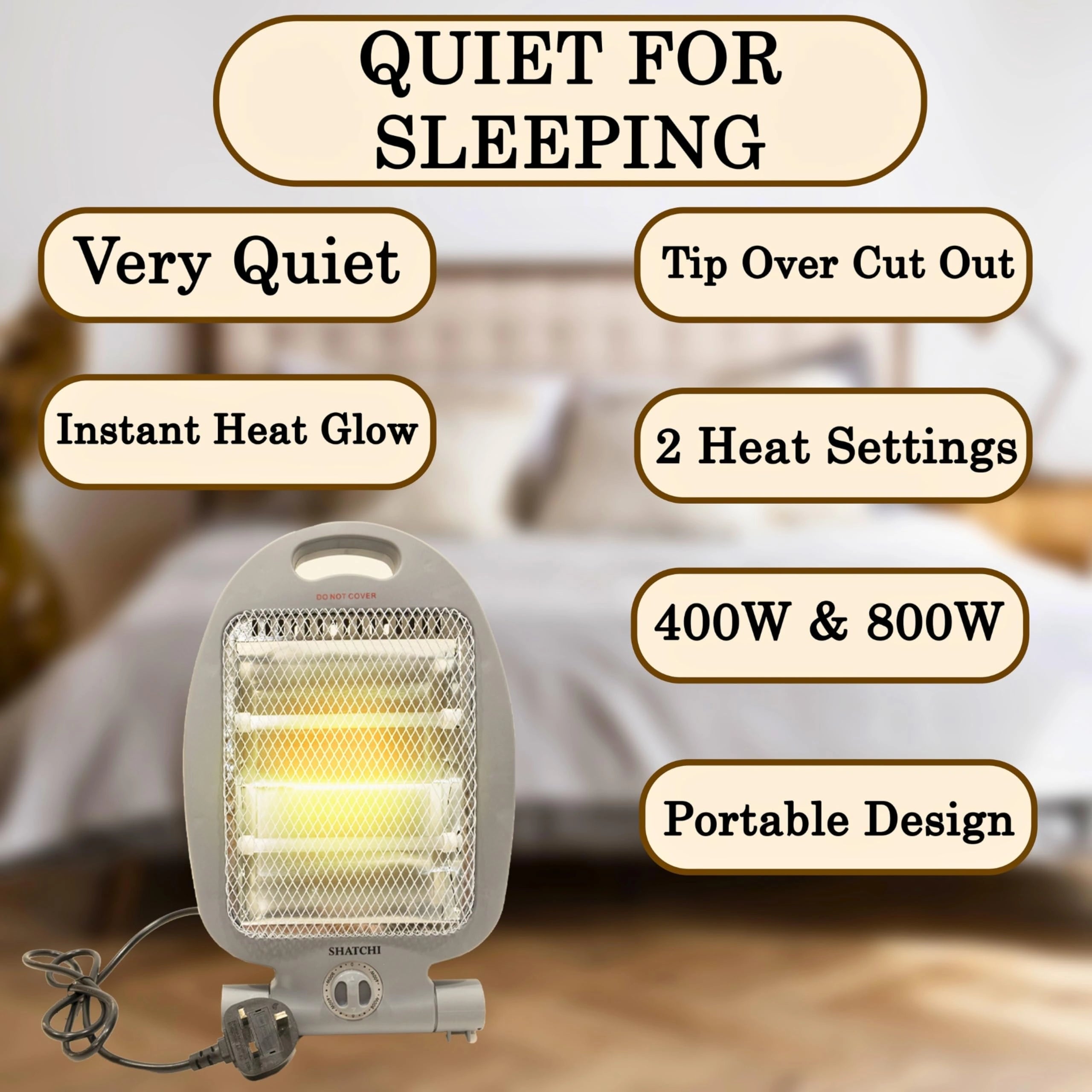 800W Quartz Heater, Portable Electric Unit with Dual Heat Settings, Quiet Space Heating with Tip-Over Safety