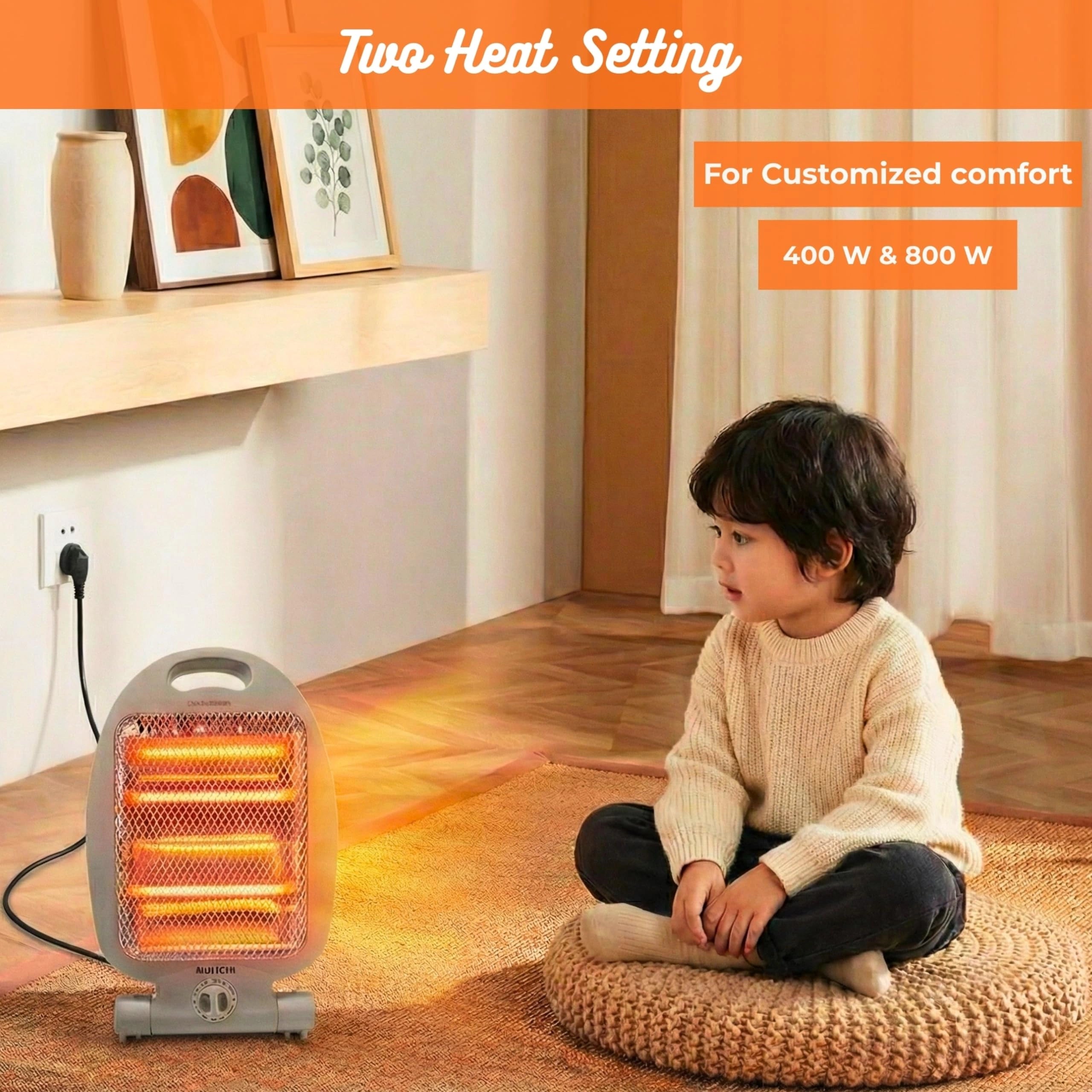 800W Quartz Heater, Portable Electric Unit with Dual Heat Settings, Quiet Space Heating with Tip-Over Safety