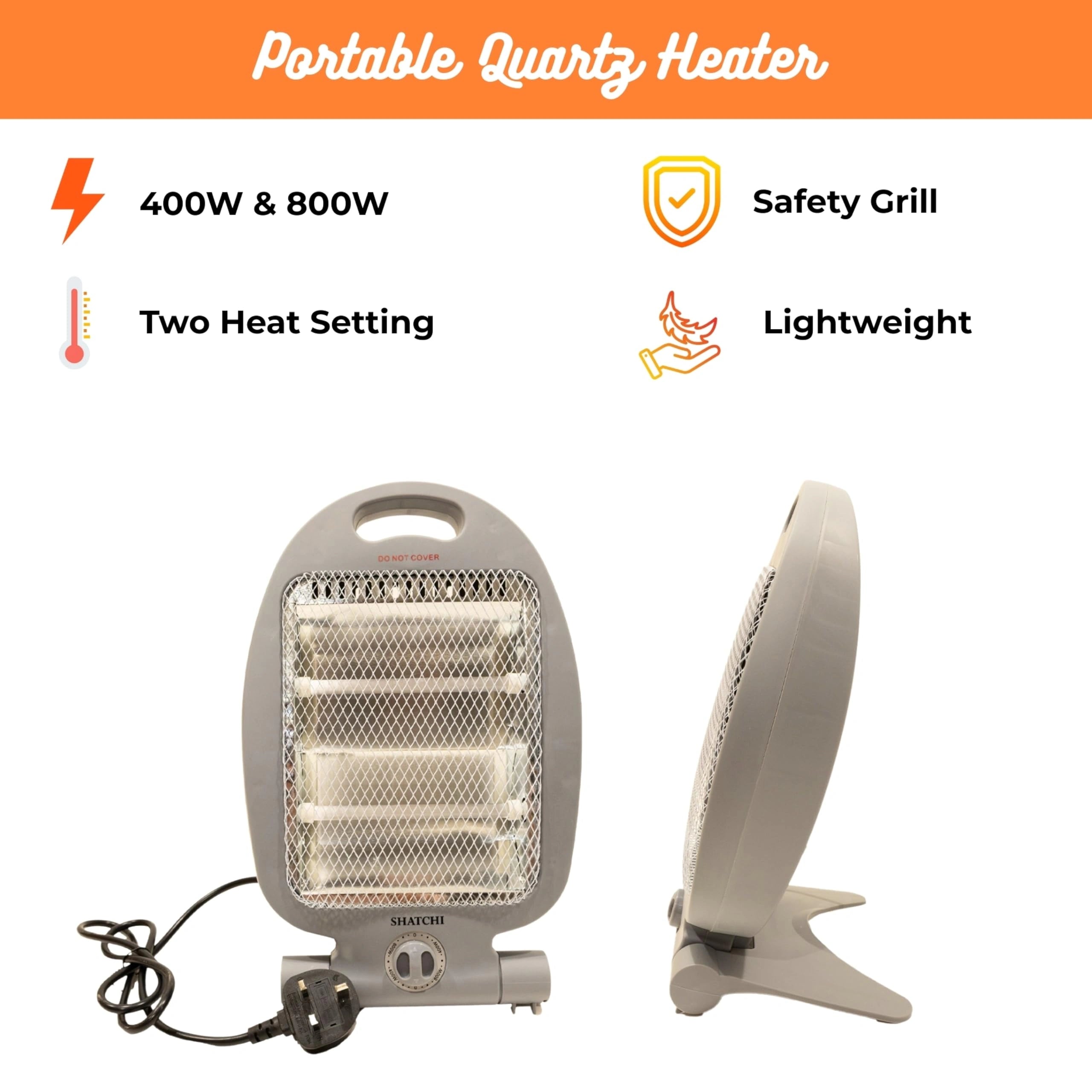 800W Quartz Heater, Portable Electric Unit with Dual Heat Settings, Quiet Space Heating with Tip-Over Safety