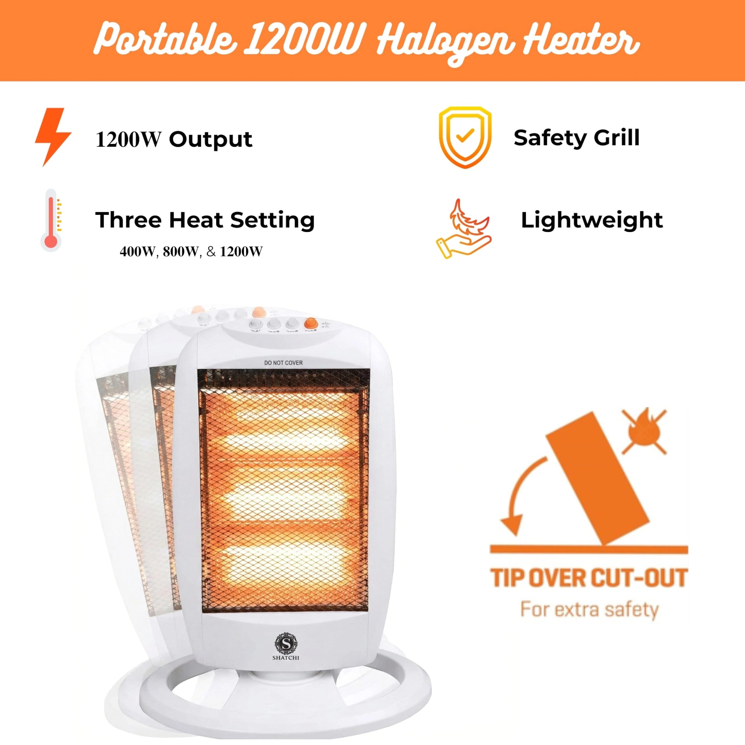 1200W Halogen Room Heater with 3 Heat Settings, Portable Electric Space Warmer with Instant Heat Glow, Oscillation, Tip Over Safety
