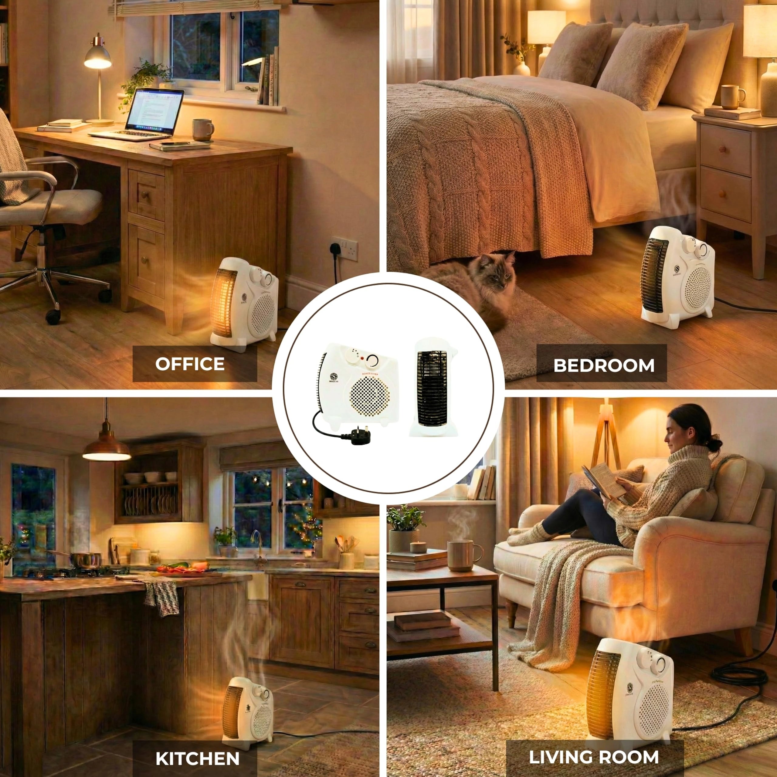 2000W Upright & Flat Fan Heater with 2 Heat Settings, Adjustable Thermostat & Cool Air