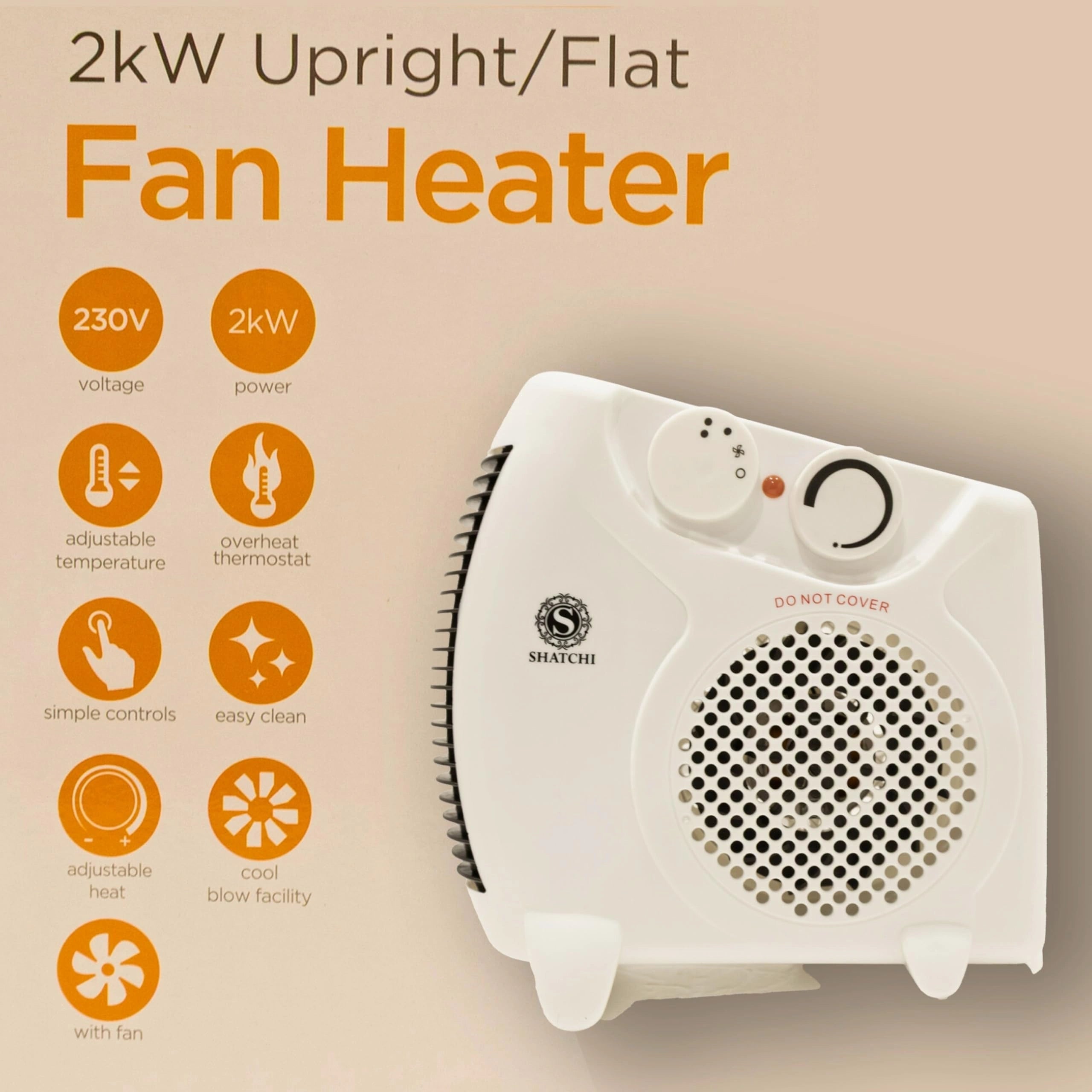 2000W Upright & Flat Fan Heater with 2 Heat Settings, Adjustable Thermostat & Cool Air