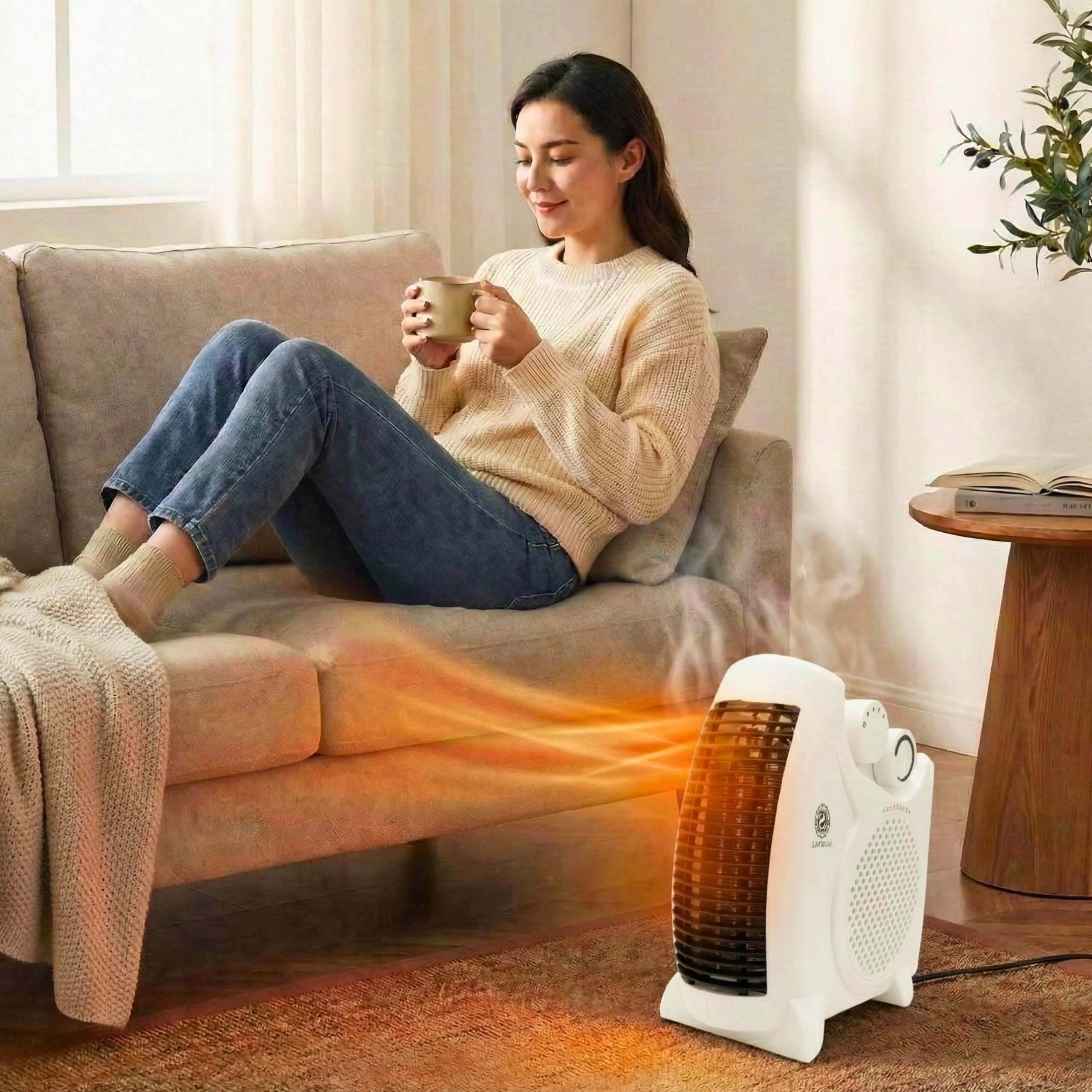2000W Upright & Flat Fan Heater with 2 Heat Settings, Adjustable Thermostat & Cool Air