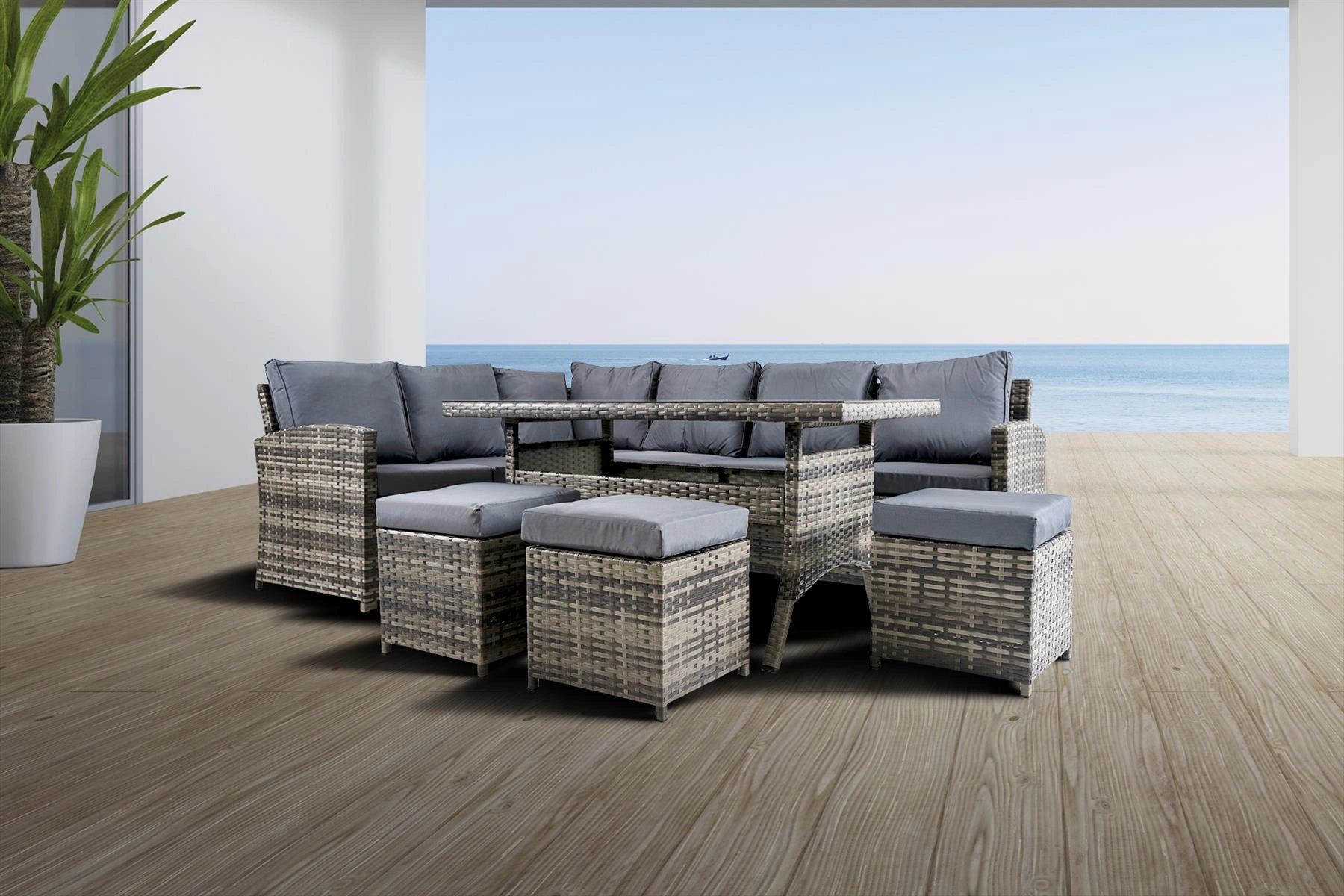 6PCS Rattan Garden Furniture Set Corner Sofa Table & Stool Outdoor Conservatory