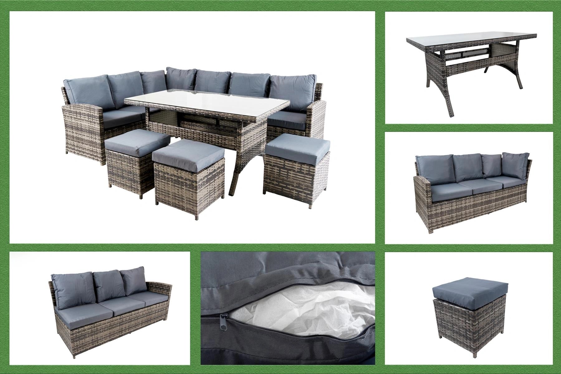 6PCS Rattan Garden Furniture Set Corner Sofa Table & Stool Outdoor Conservatory