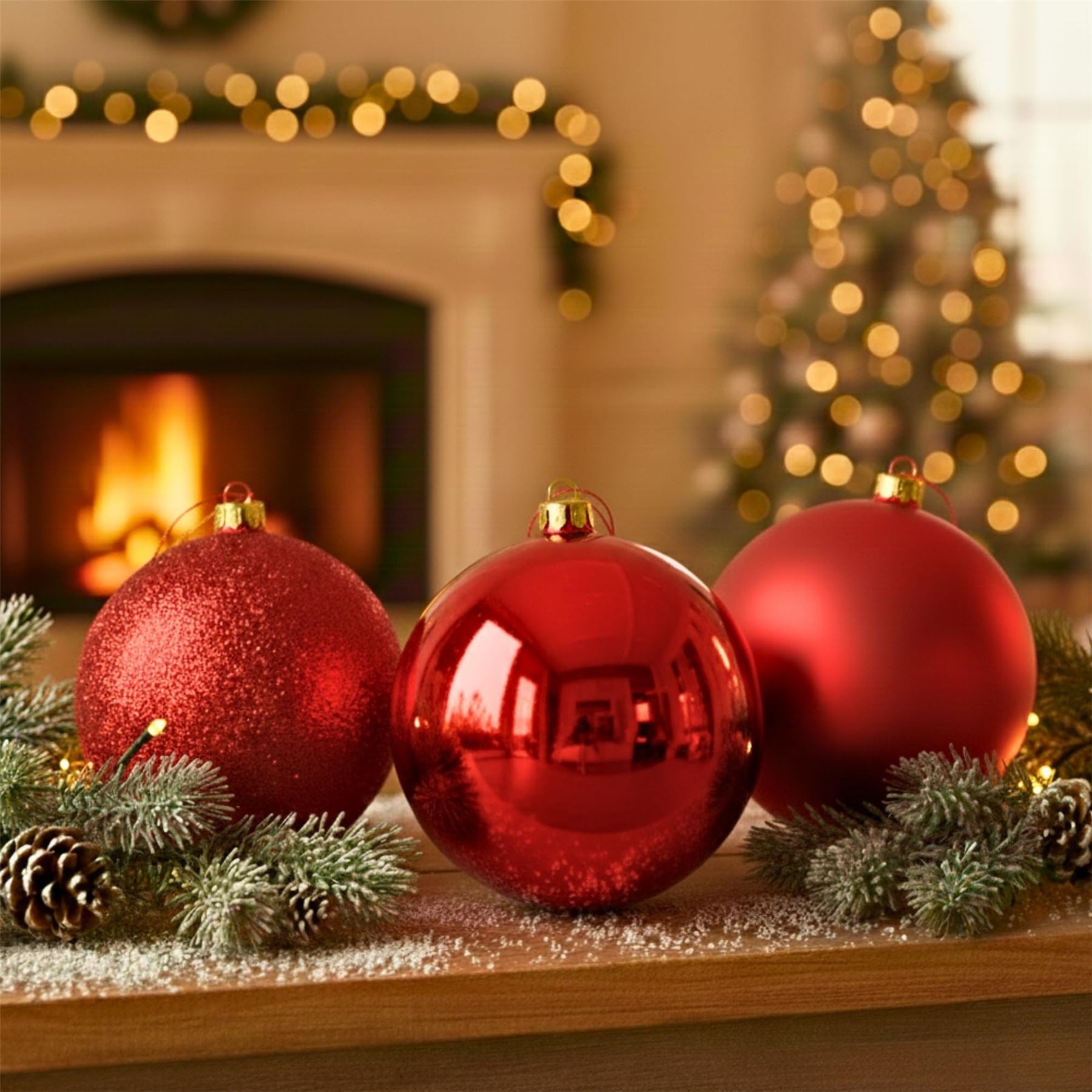 20cm Red Christmas Bauble Set (3pcs) – Assorted Matt & Glitter Shatterproof Decorations