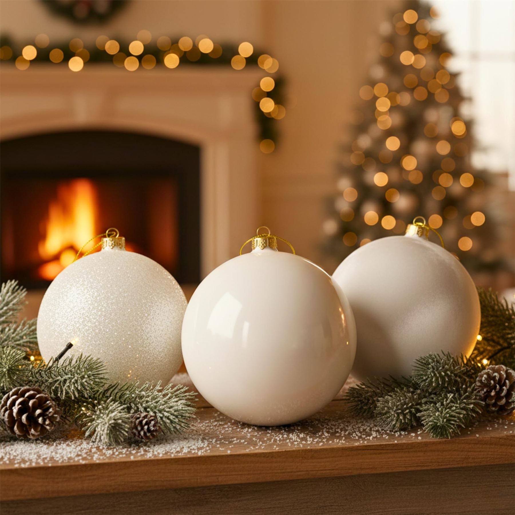 25cm White Christmas Baubles – Assorted 3-Pack (Matte & Glitter, Shatterproof)