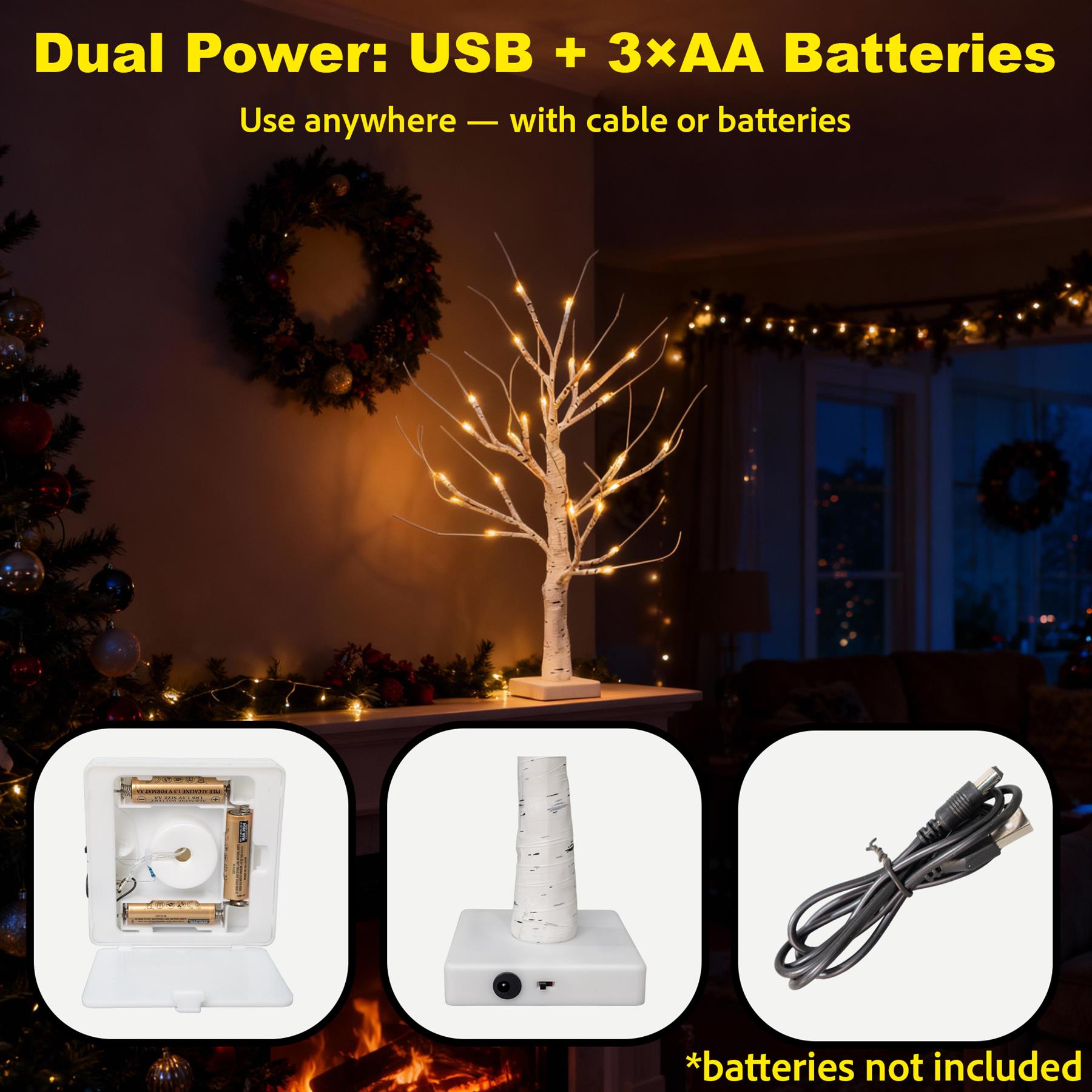 4pcs- 60cm White Twig Tree 24 Warm White LEDs USB or Battery Operated