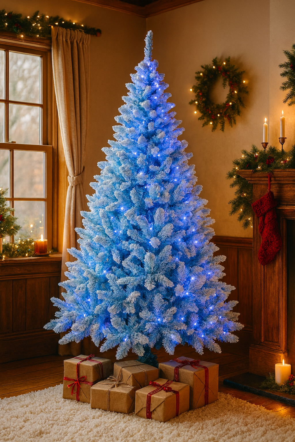 7Ft Christmas Tree Prelit Snow Flock Blue LED Artificial Pine Holiday Home Decor