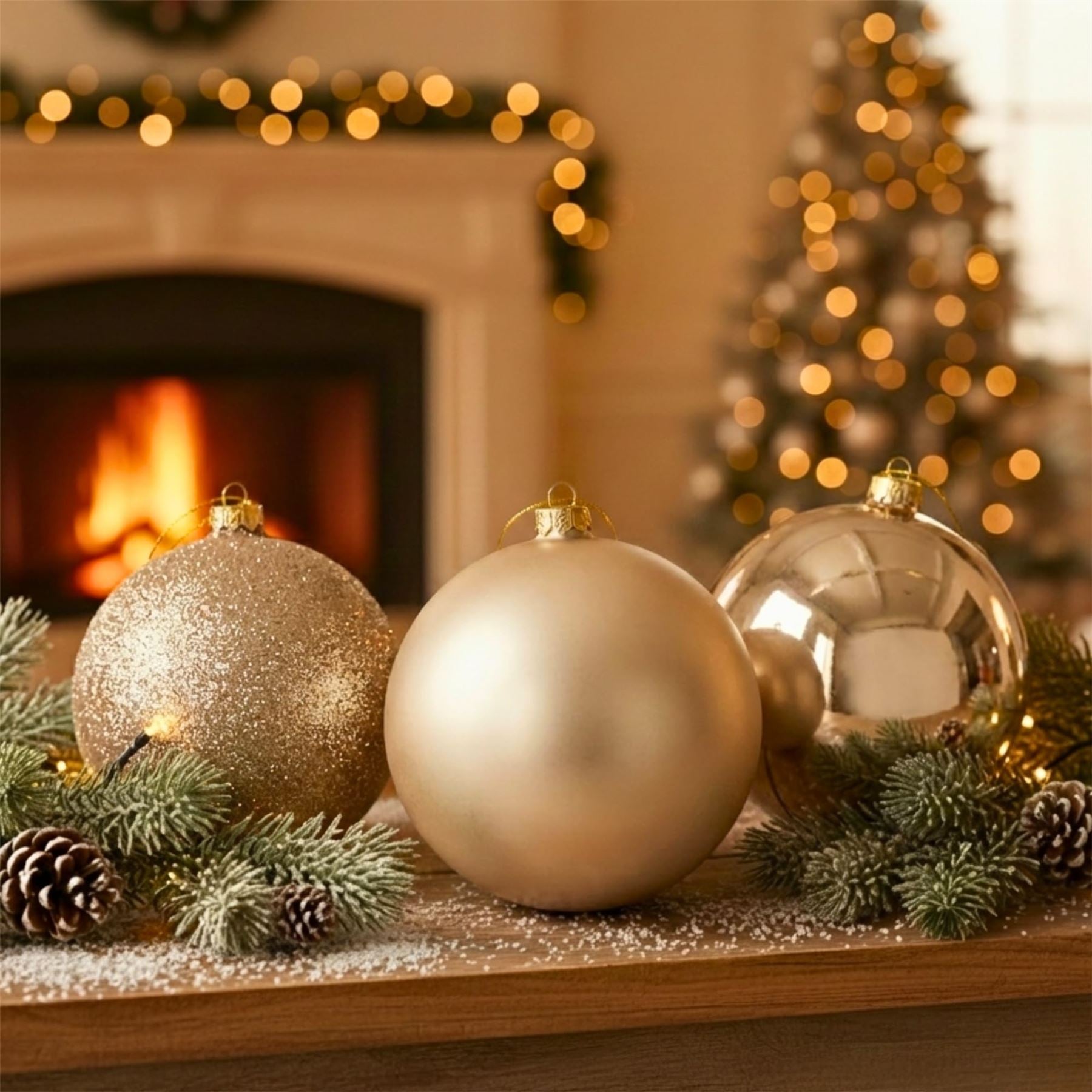 20cm Champagne Christmas Baubles – Assorted 3-Pack (Matt & Glitter, Shatterproof)