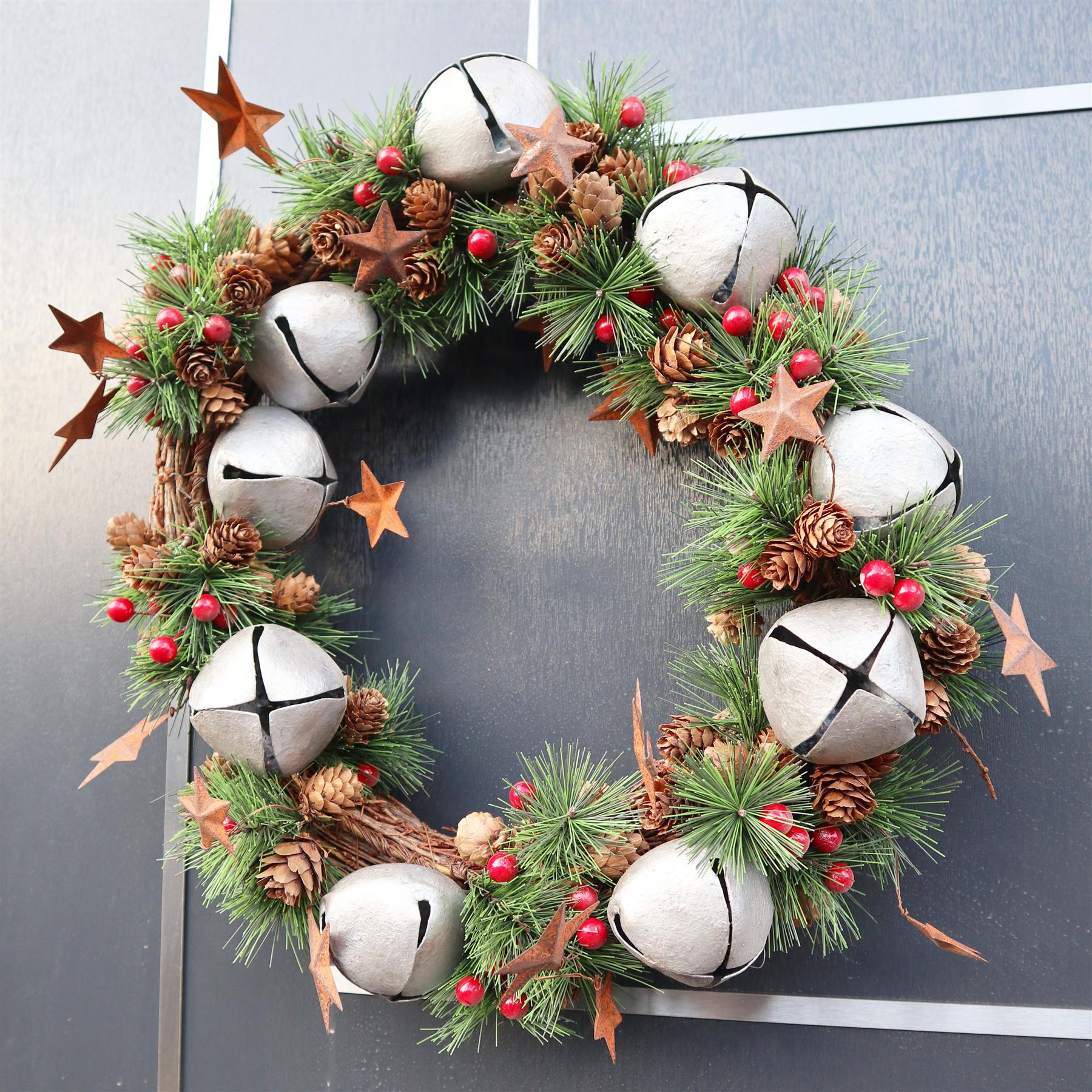 Artificial Christmas wreath Silver bells Berries Home Wall Door XMAS Decorations
