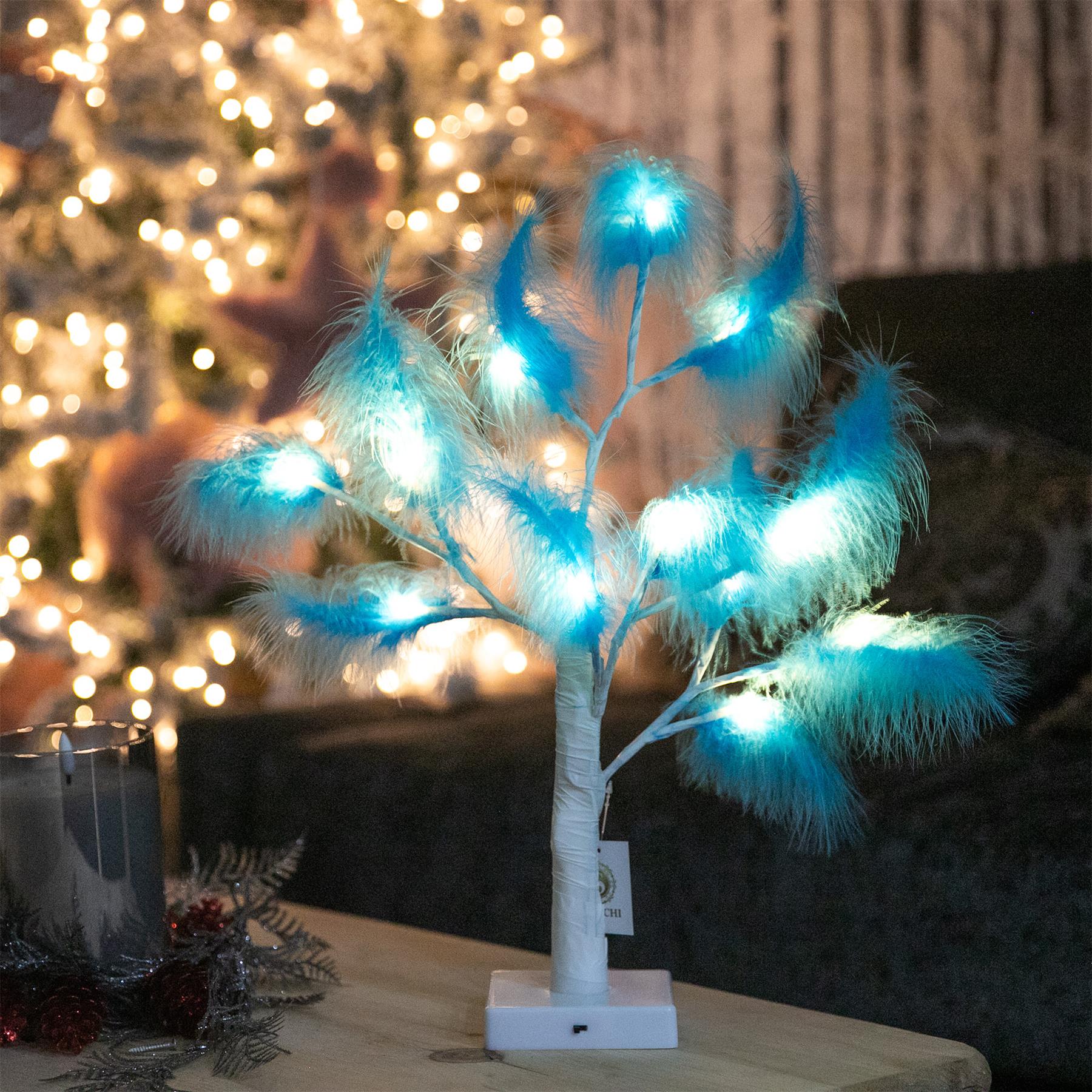 55cm Pampas Light Blue Feather Tree Pre-Lit Table Lamp B/O LED Christmas Decor 2