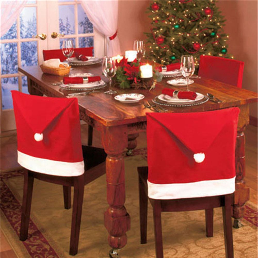 2Pcs Christmas Chair Cover Santa Hat Xmas Party Dinner Seat Cover Xmas D???Cor