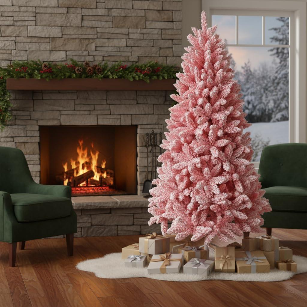 8Ft Christmas Tree Snow Flocked Pink Dusted Artificial Pine Holiday Home Decor