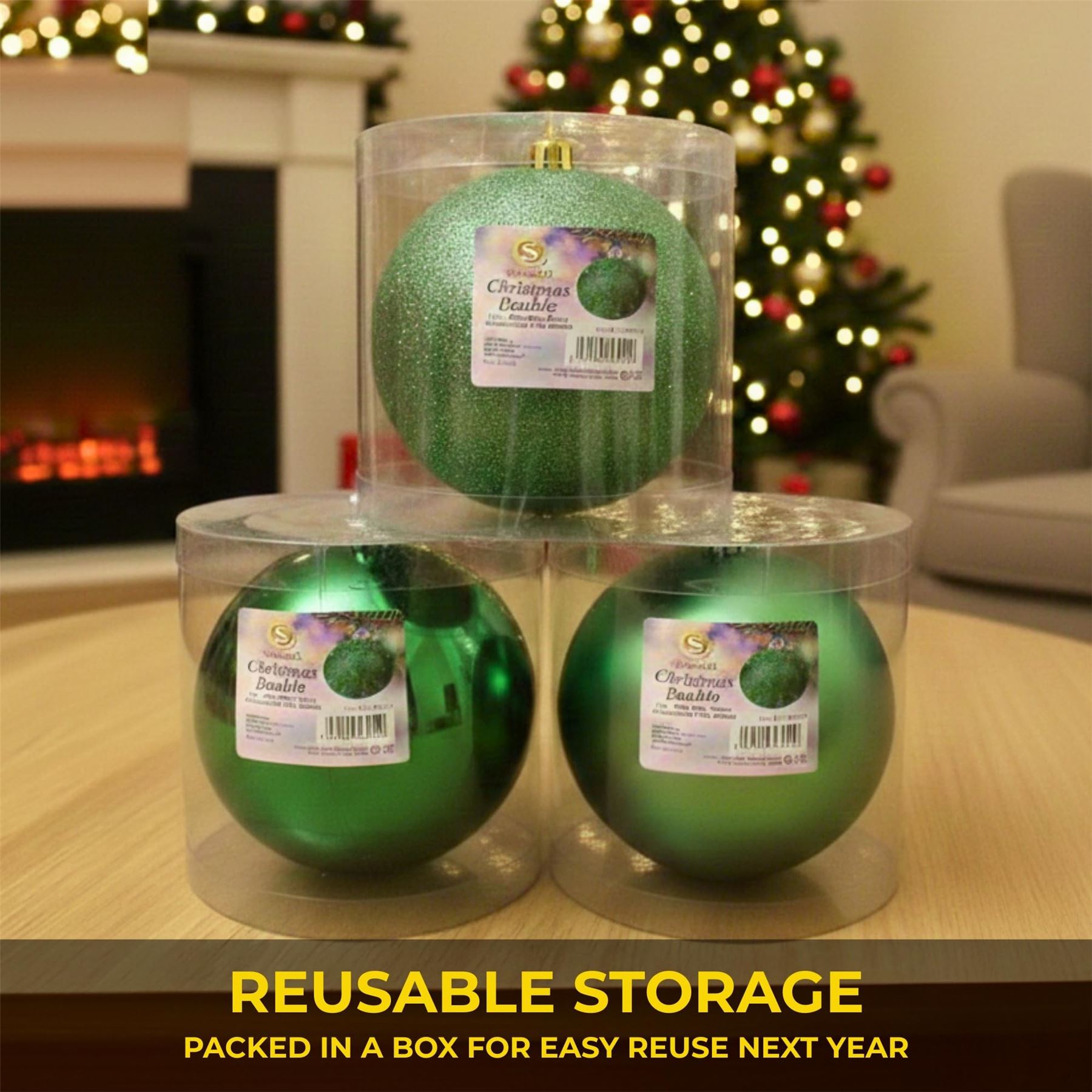 25cm Dark Green Christmas Baubles – Assorted 3-Pack (Matte & Glitter, Shatterproof)