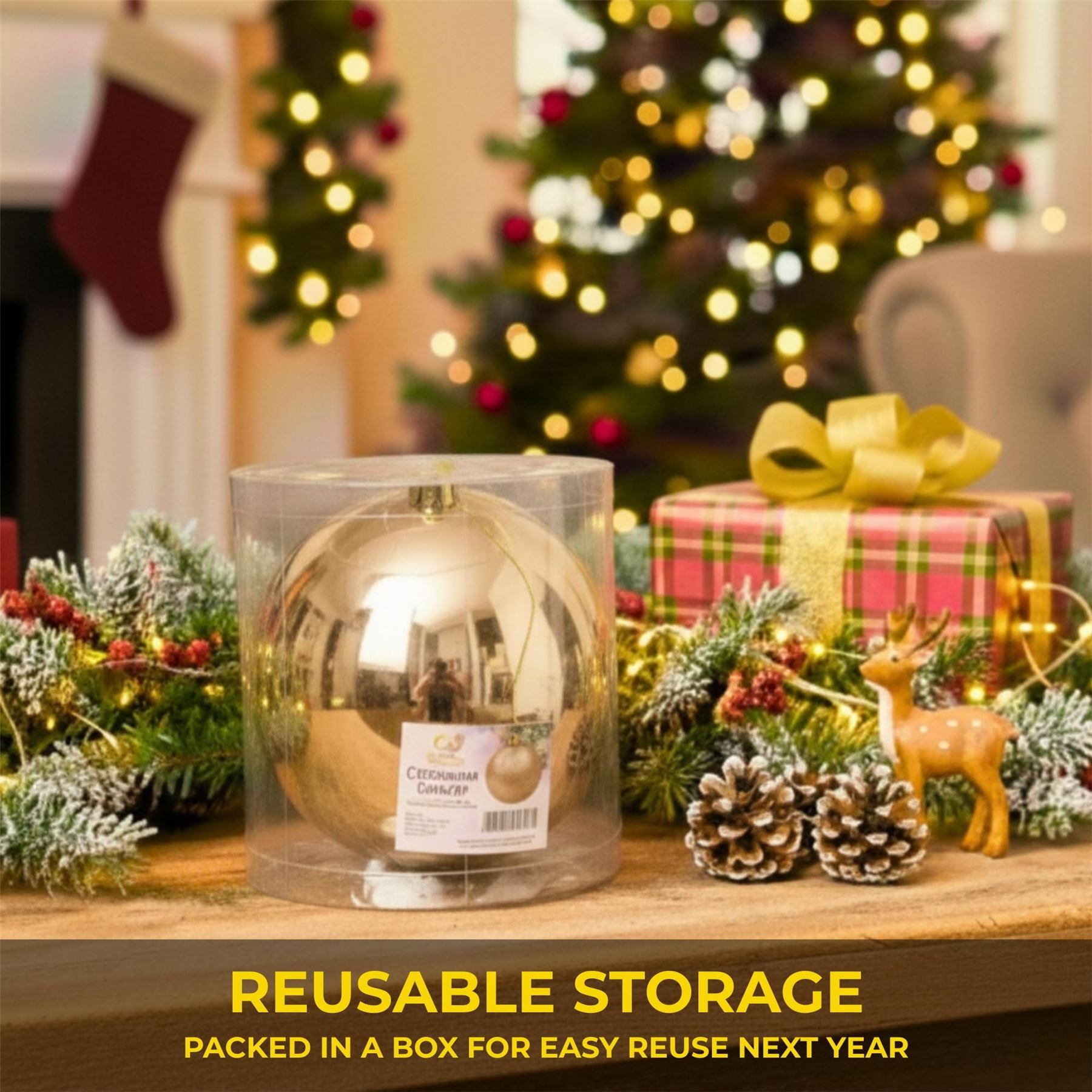 20cm Champagne Shatterproof Christmas Bauble – Glossy Festive Hanging Decoration