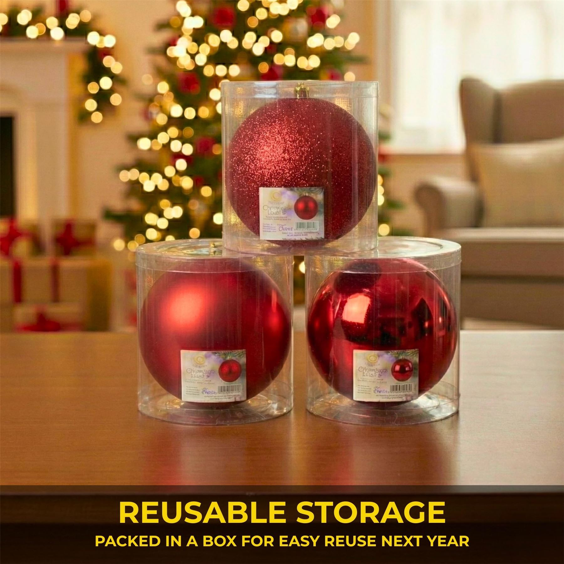 25cm Red Christmas Baubles – Assorted 3-Pack (Matte & Glitter, Shatterproof)