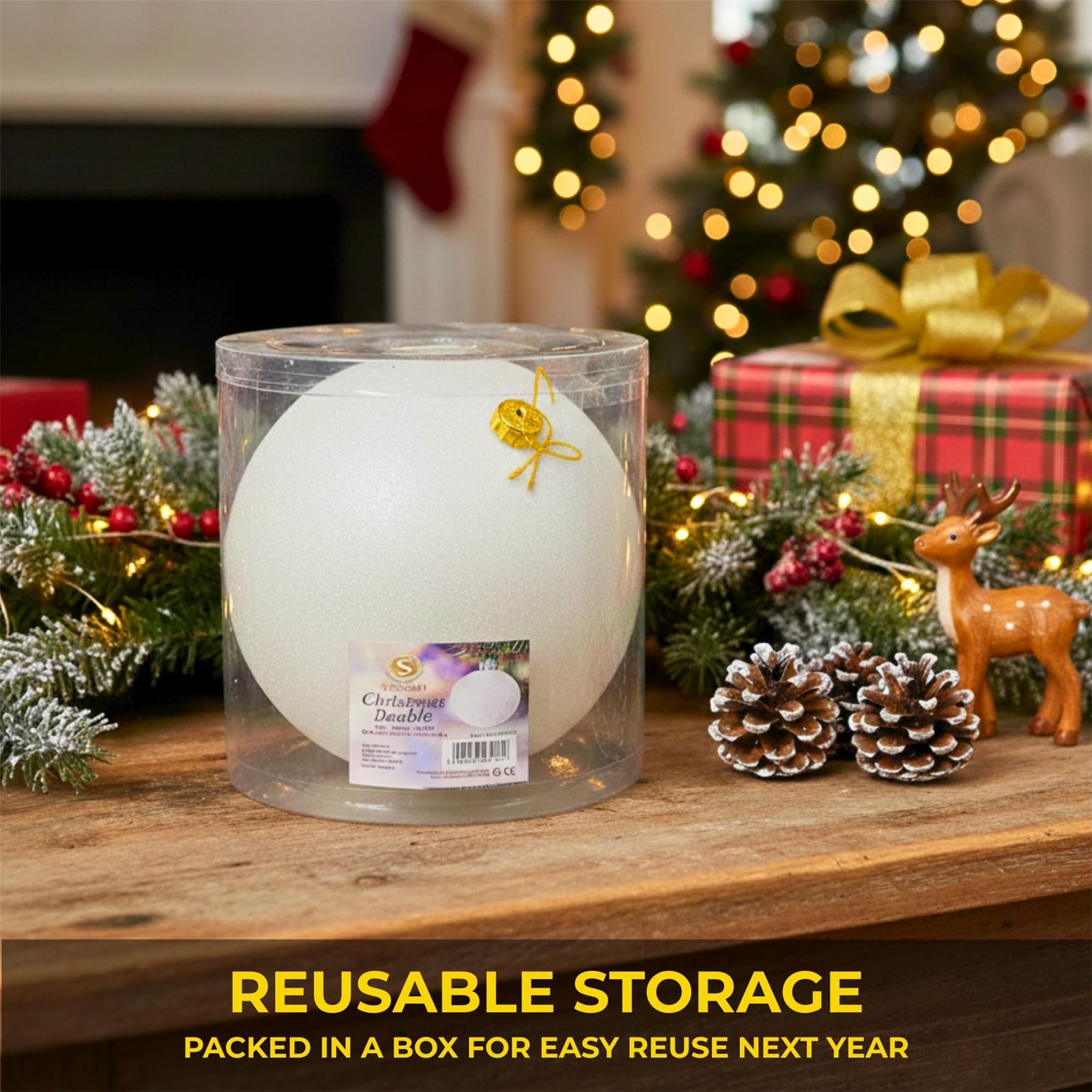 25cm White Christmas Bauble – Glitter Finish, Shatterproof