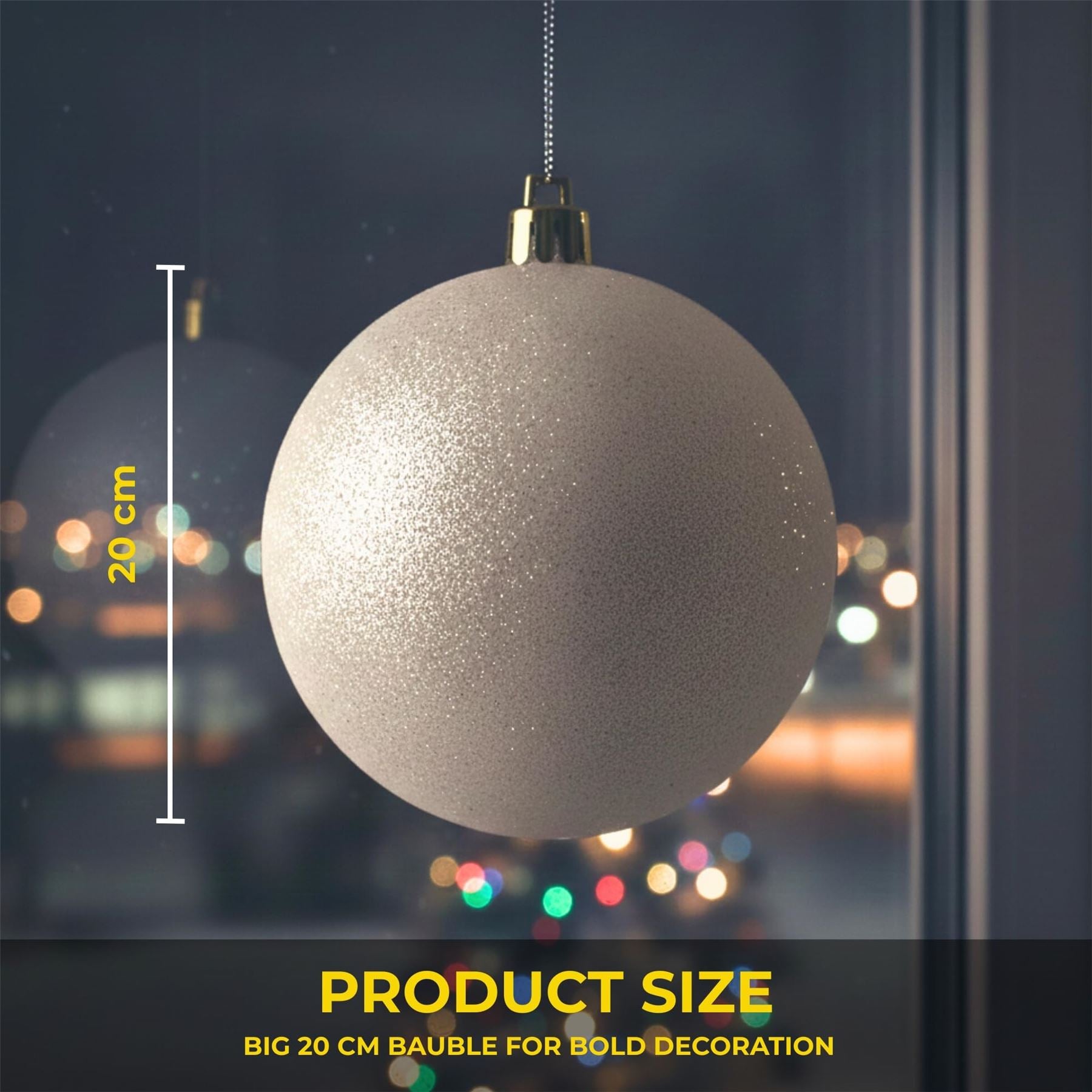 20cm White Glitter Shatterproof Christmas Bauble – Sparkling Festive Hanging Decoration