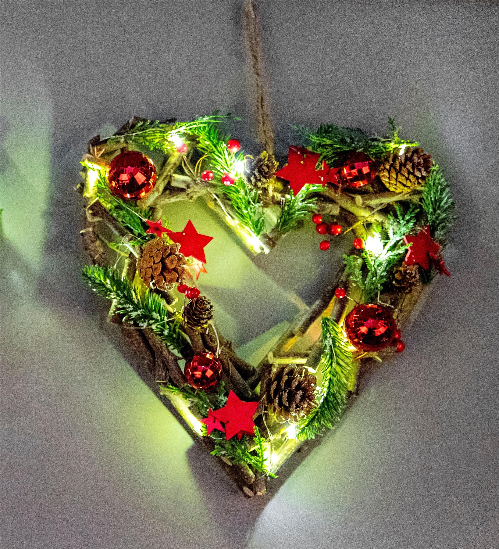 30cm Christmas Wreath Heart LED Red Baubles Stars Wooden Twig Hanging Xmas Decor