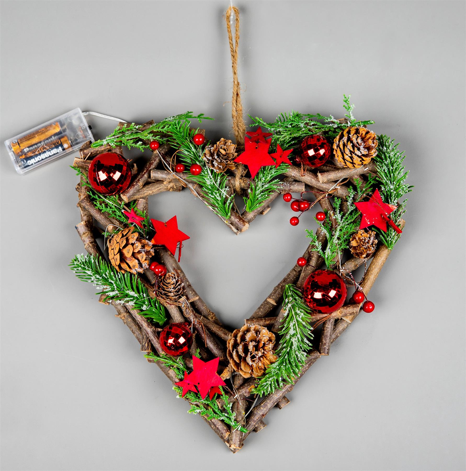 30cm Christmas Wreath Heart LED Red Baubles Stars Wooden Twig Hanging Xmas Decor