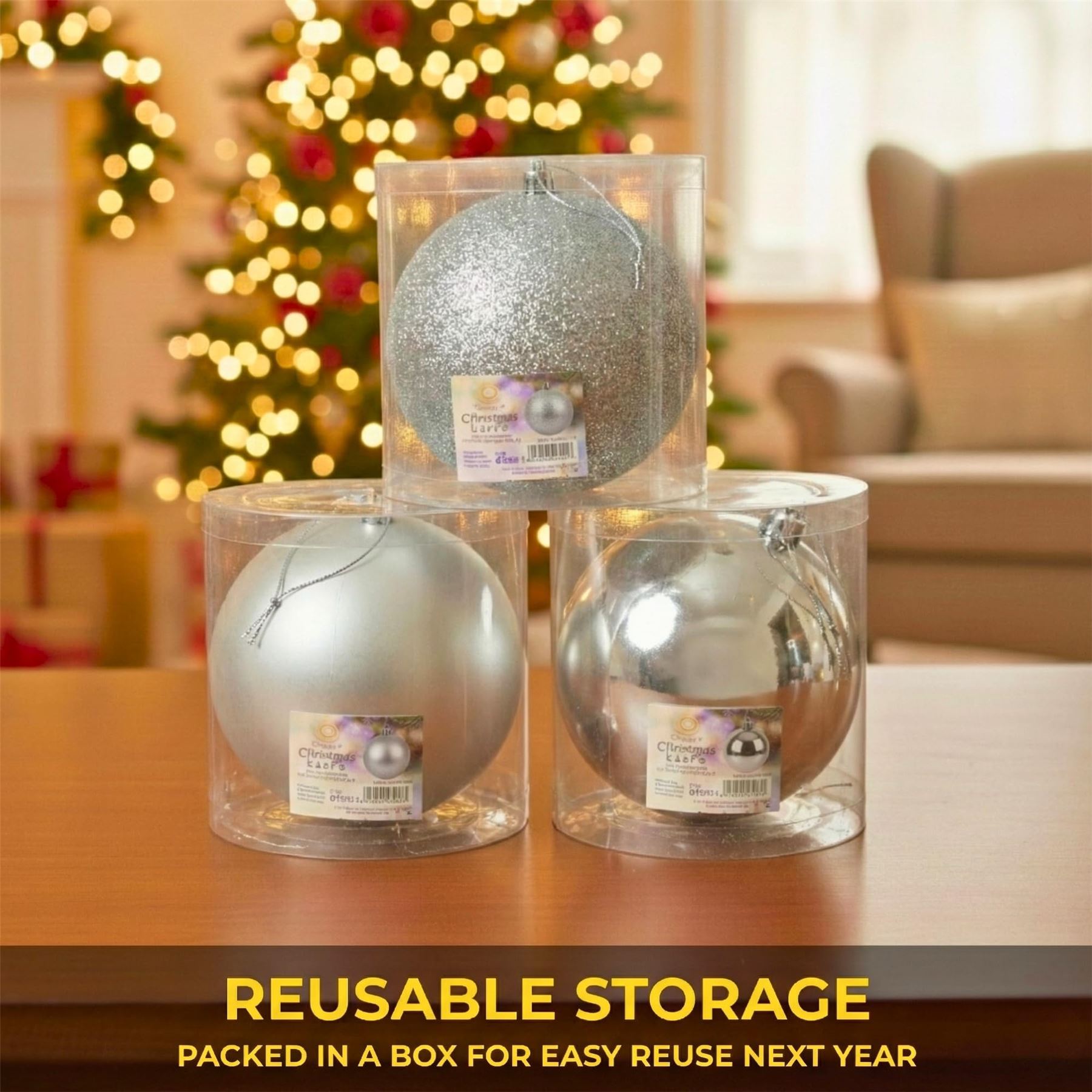 20cm Silver Christmas Baubles – Assorted 3-Pack (Matt & Glitter, Shatterproof)