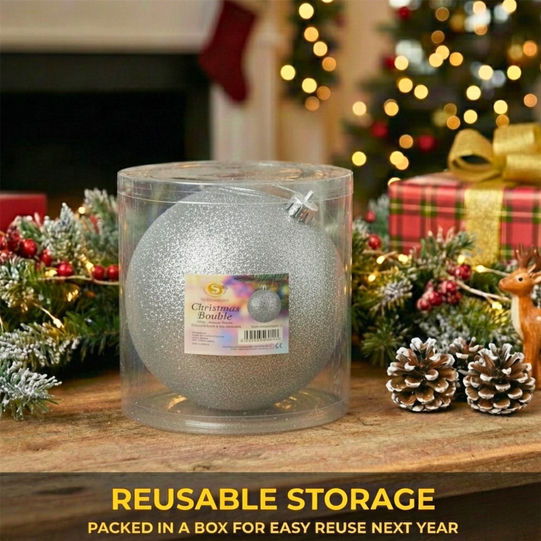 20cm Silver Glitter Shatterproof Christmas Bauble – Sparkling Festive Hanging Decoration