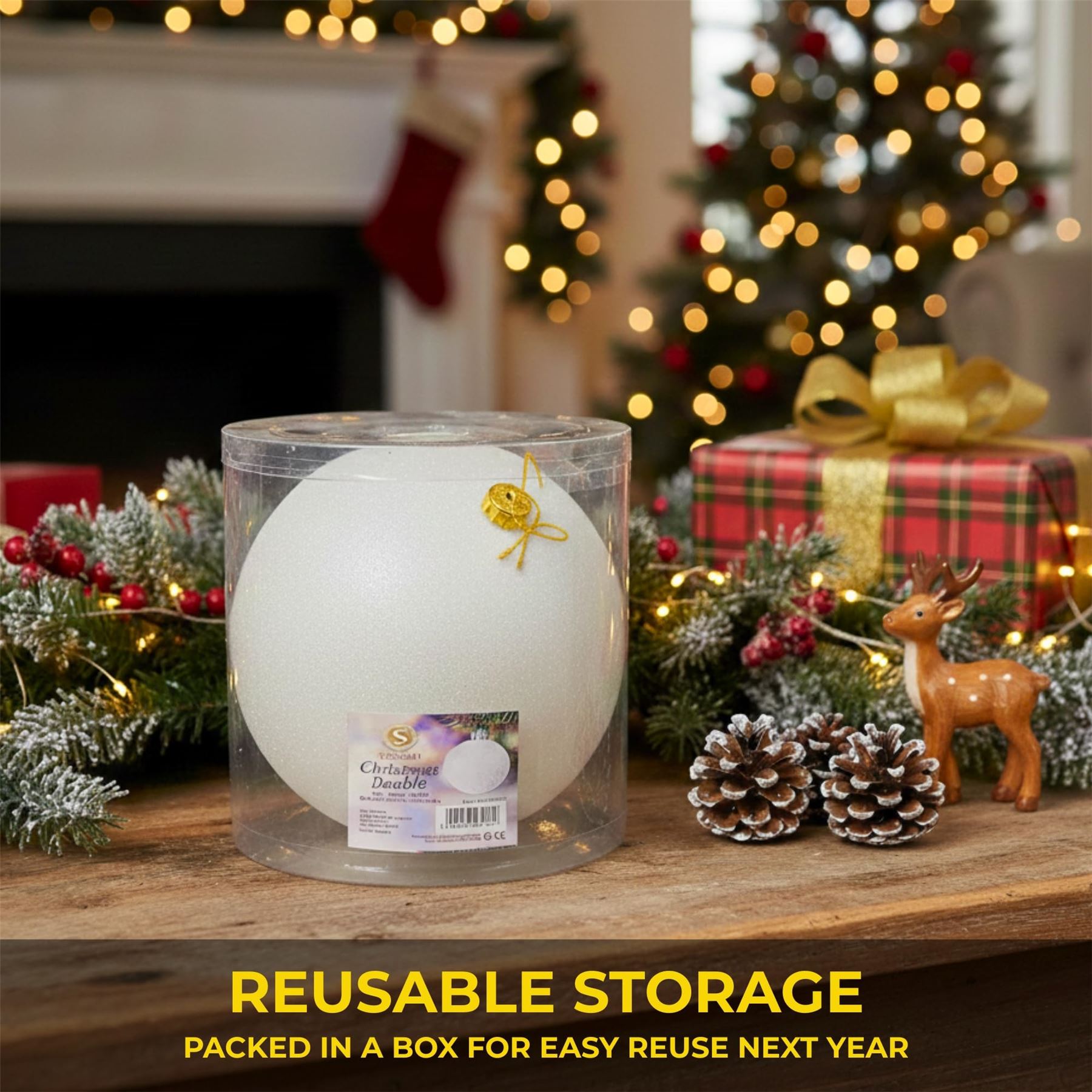 20cm White Glitter Shatterproof Christmas Bauble – Sparkling Festive Hanging Decoration