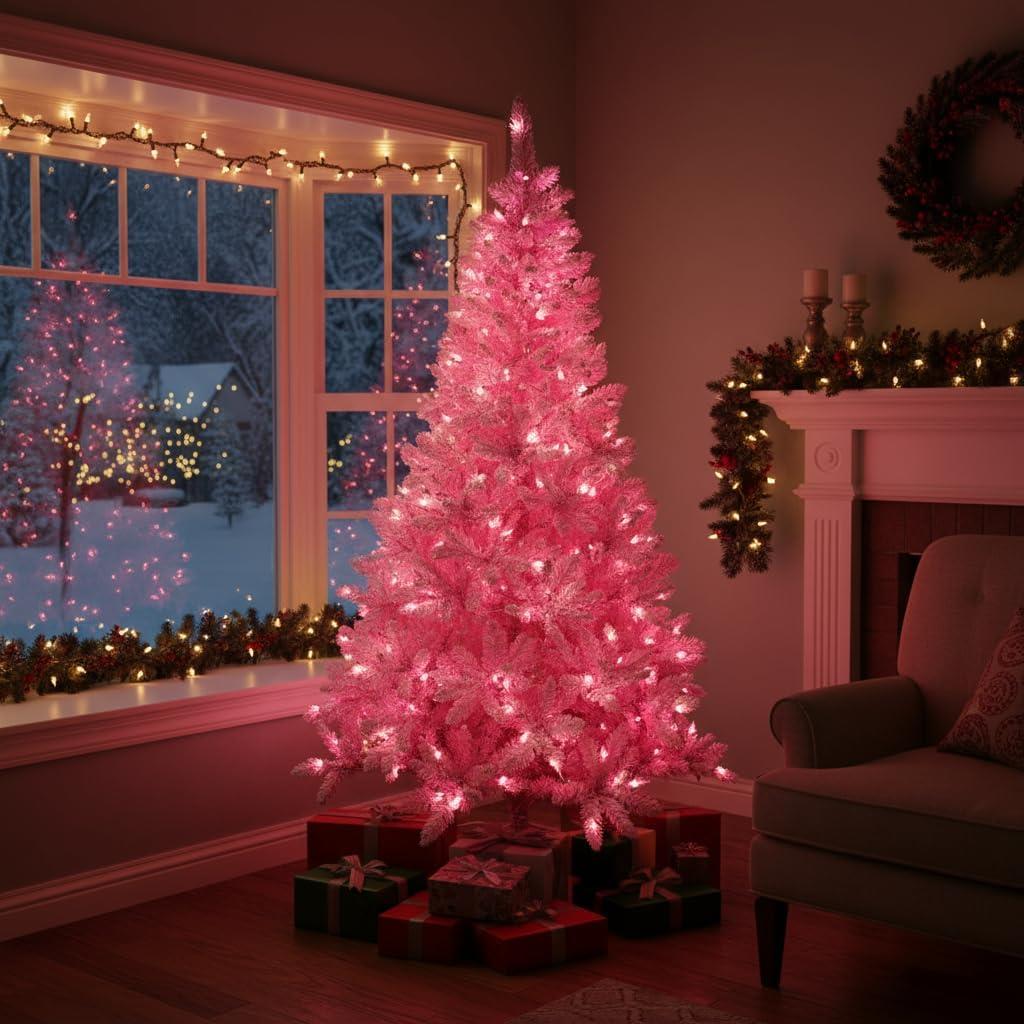 8Ft Christmas Tree Prelit Snow Flock Pink LED Artificial Pine Holiday Home Decor
