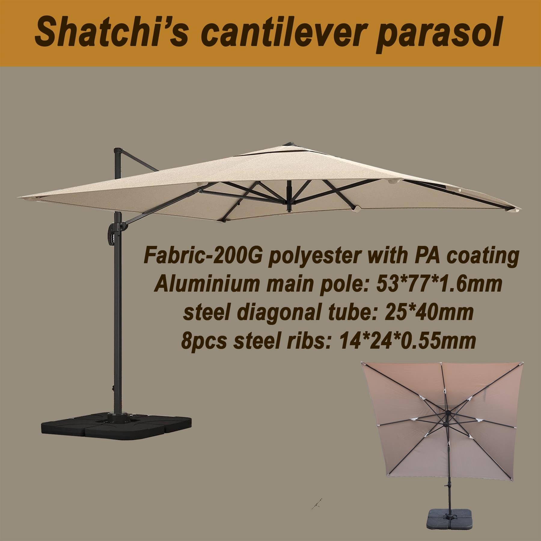 3mx3m Roma Square Cantilever Parasol TAUPE With 360 Degree