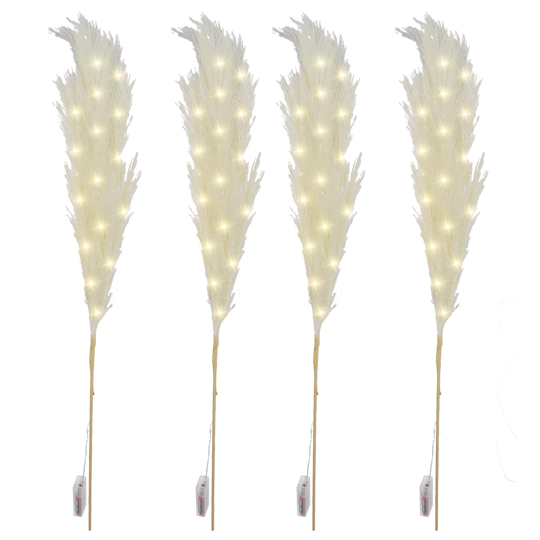 4PCS Pampas Grass Stem Feather Christmas Table Decor Pre-Lit LED B/O Cream 100cm