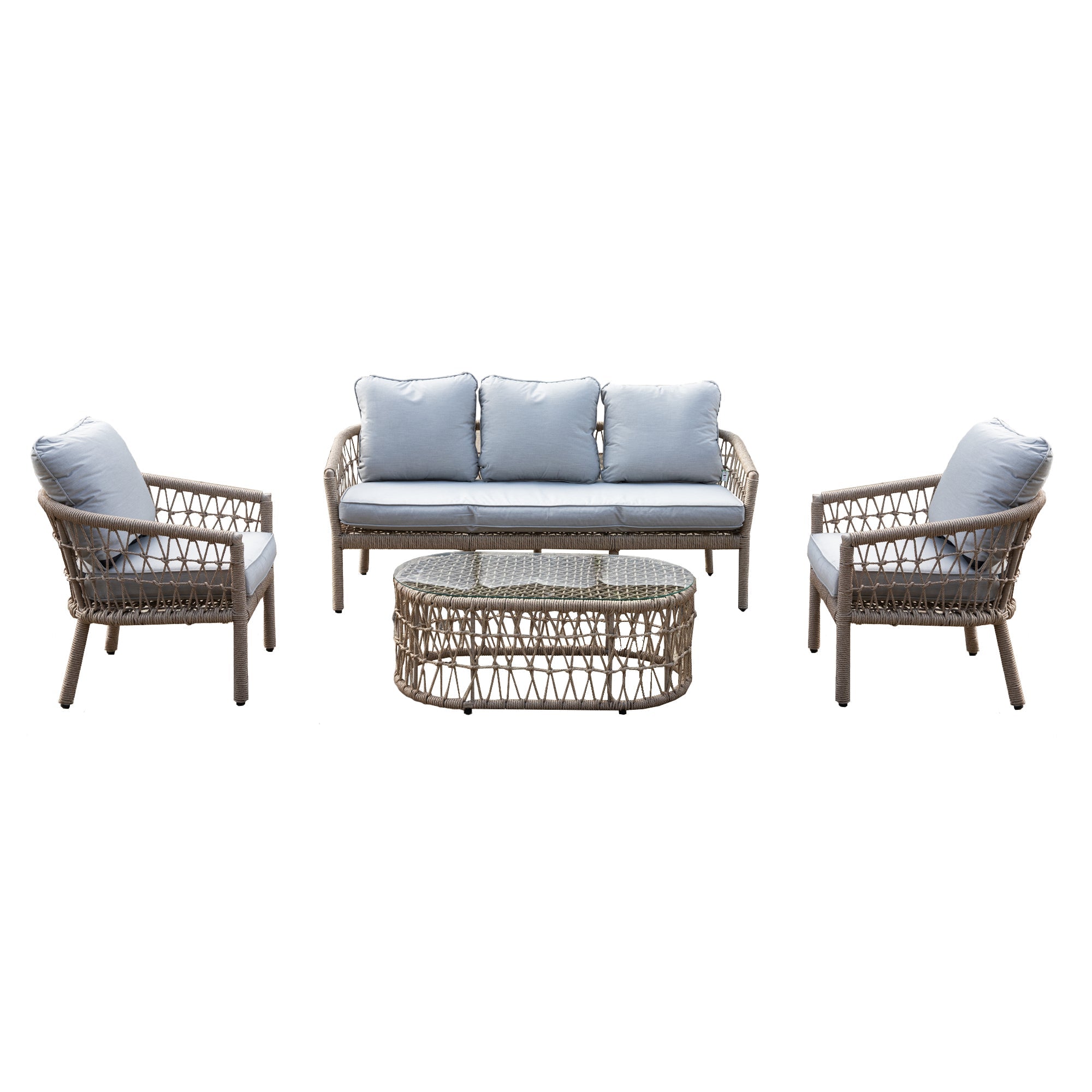 4Pcs Capri 5 Seater Sofa Set Natural Woven Rattan - Sofa, Table, Chairs